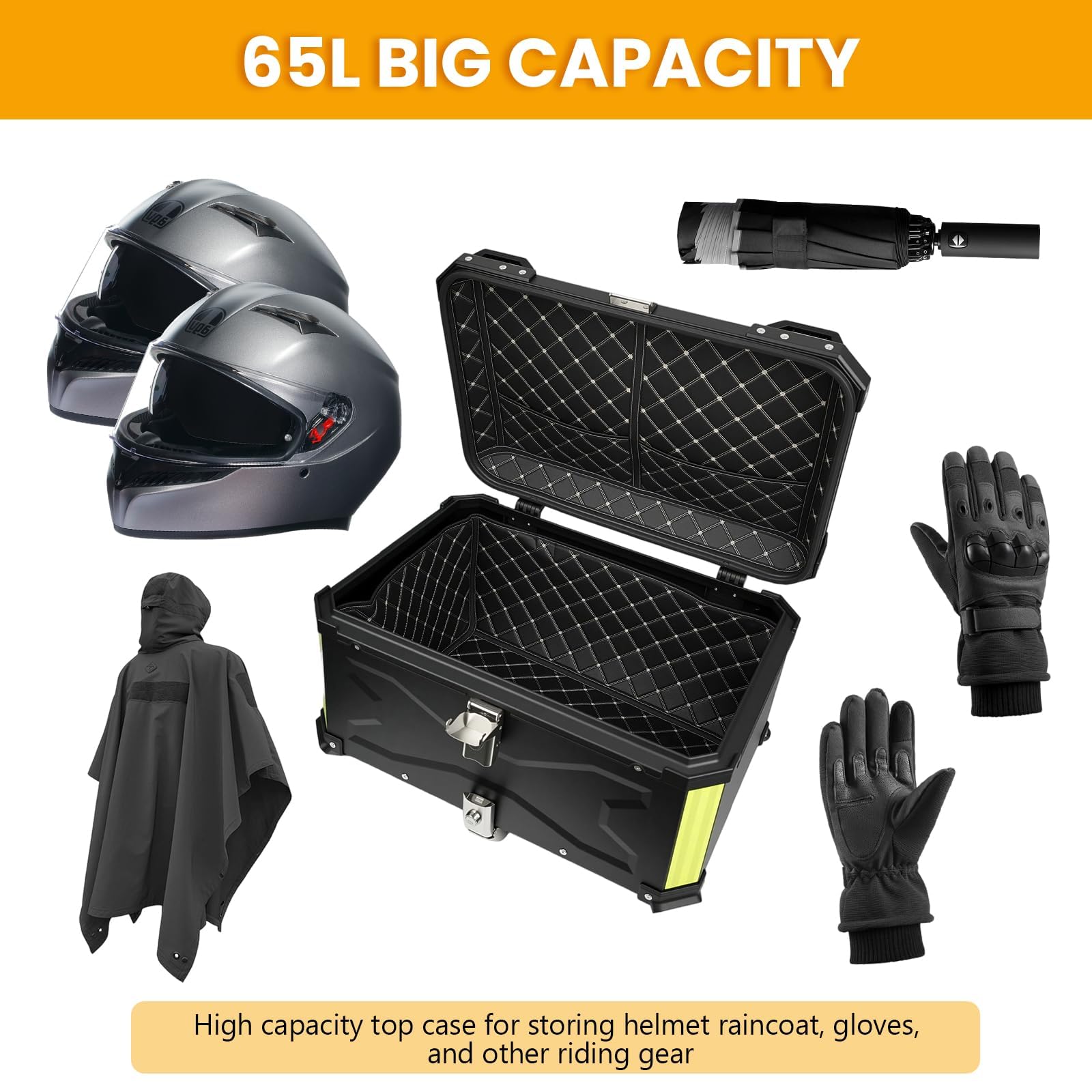 NBYTLT 65L Motorcycle Top Case, Aluminum Luggage Box with Lock & 4 Keys, Universal Black Tail Trunk with Baseplate Waterproof, Tail Box with Security Lock for Most Frames — view 7