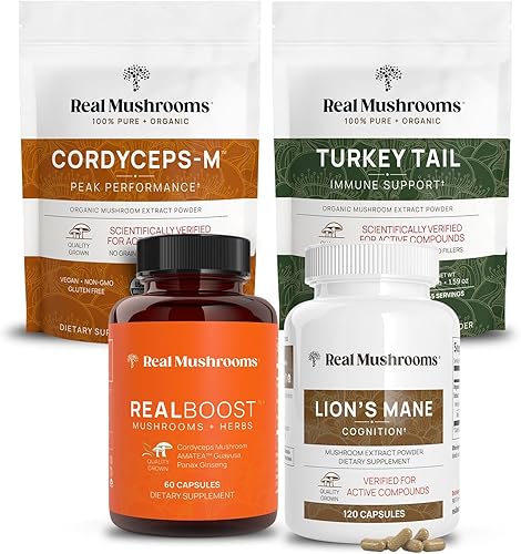 Real Mushrooms RealBoost (60 ct), melena de león (120 quilates), Cordyceps y cola de pavo en polvo y cápsulas - Suplemento de hongos para energía,