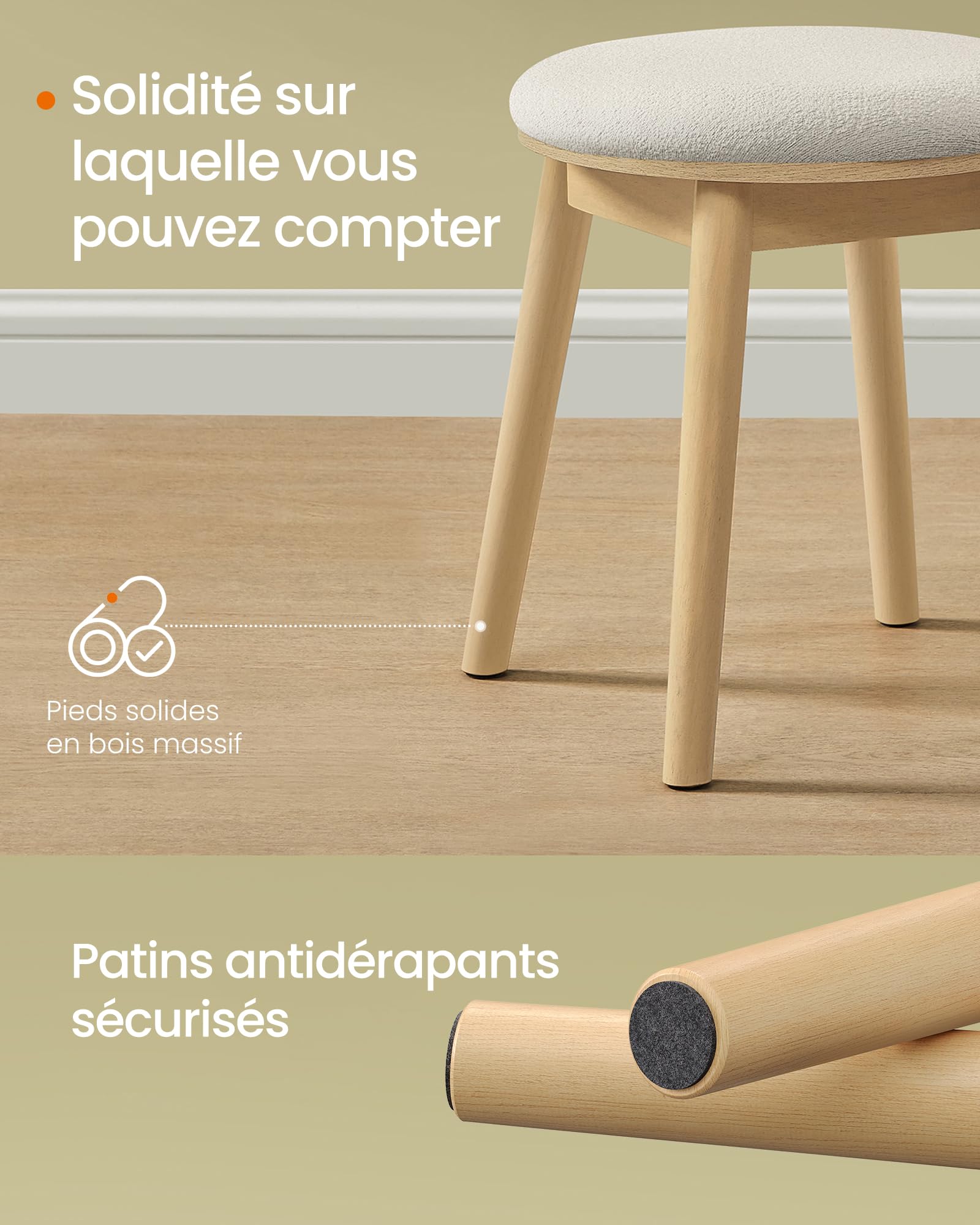 SONGMICS HOME BOHOVEN Collection - Tabouret Coiffeuse, Chaise Coiffeuse Ronde, Pieds Antidérapants, Style Bohème, pour Chambre, Coiffeuse, Blanc Crème et Beige Chêne