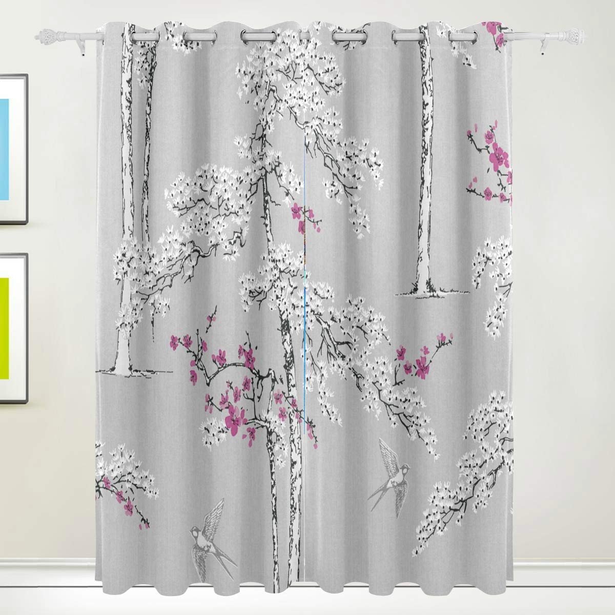 MONTOJ Colours Blossoming Grey & Purple Foliage Bird Window drapes Room Darkening Thermal Insulated Grommet Blackout Curtains for Bedroom (2 Panels,W42 x L63 -Inch)