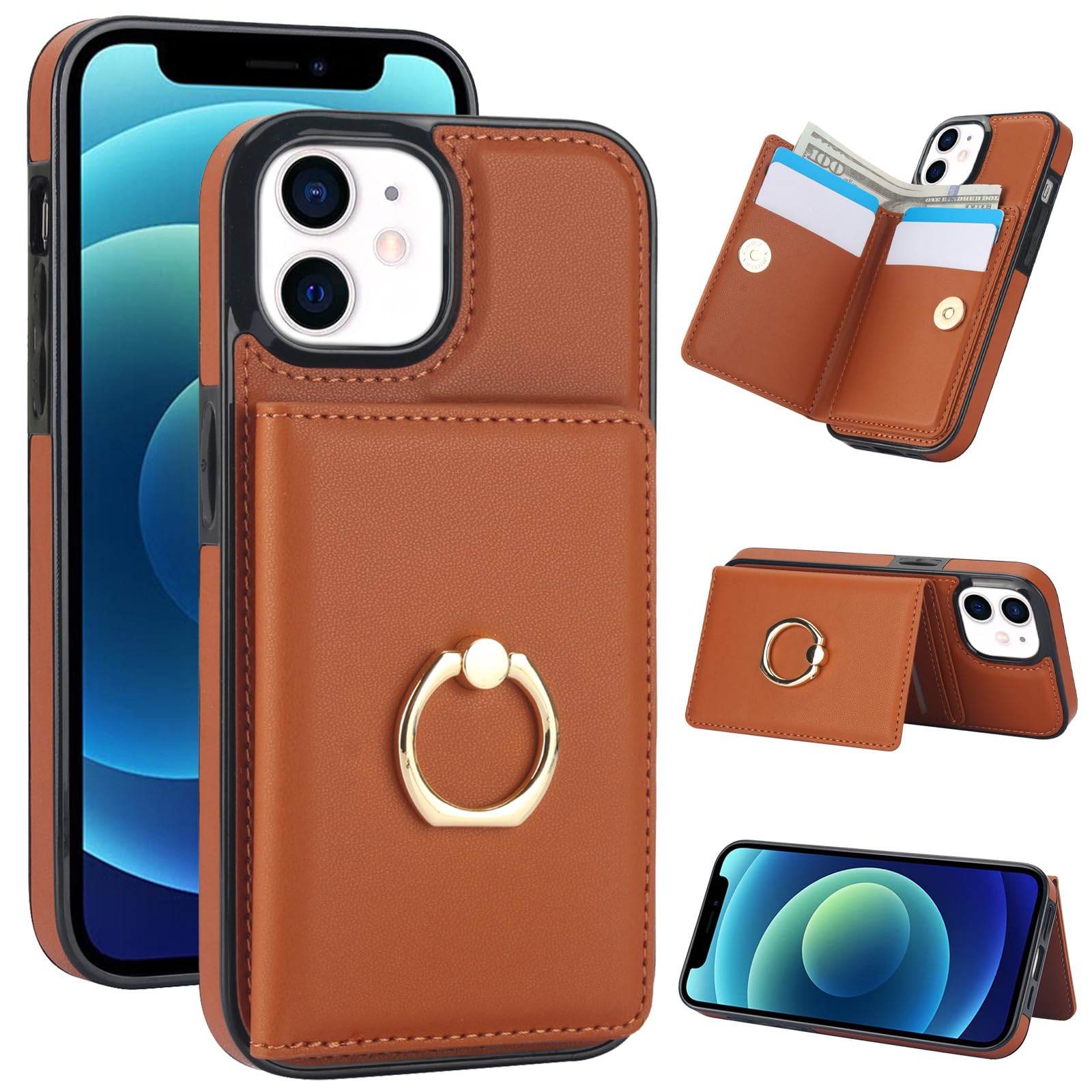 iPhone12 mini ケース 手帳型 いphone12 mini ケース 財布型 iPhone12mini ケース カード収納 スタンド機能 スマホケース iphone 12mini アイフォン12mini カバー 12 mini 携帯ケース アイホン12ミニ リング き おしゃれ 背面収納 いphone12ミニ ケース アイフォン12ミニケース 耐衝撃 RFIDブロック機能 -茶色