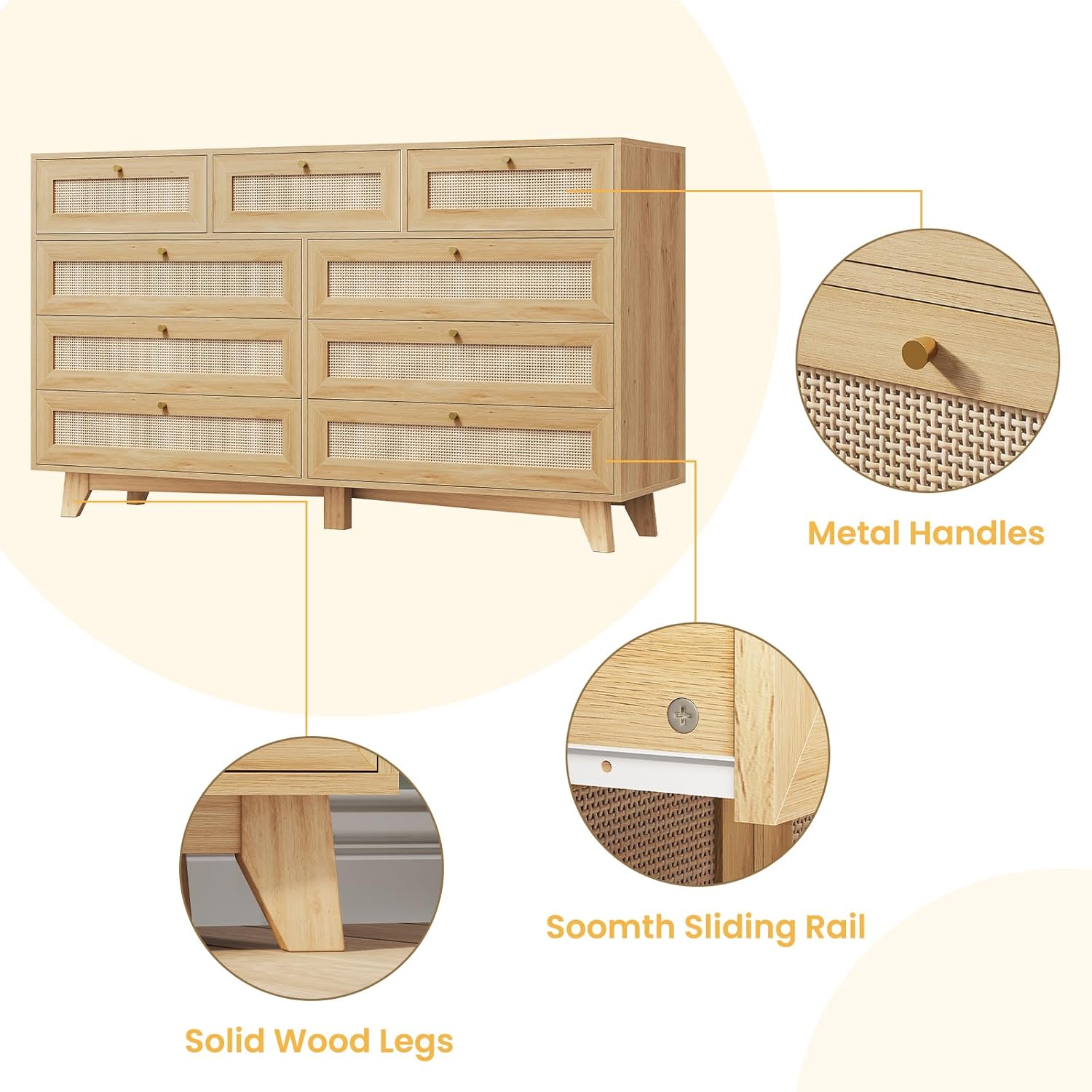 AOGLLATI Rattan Dresser for Bedroom with 9 Drawer, Modern Wooden Long Bedroom Dresser, Chest of Drawers with Metal Handle & Solid Wood Legs for Bedroom/Living Room, Wood - Image 4