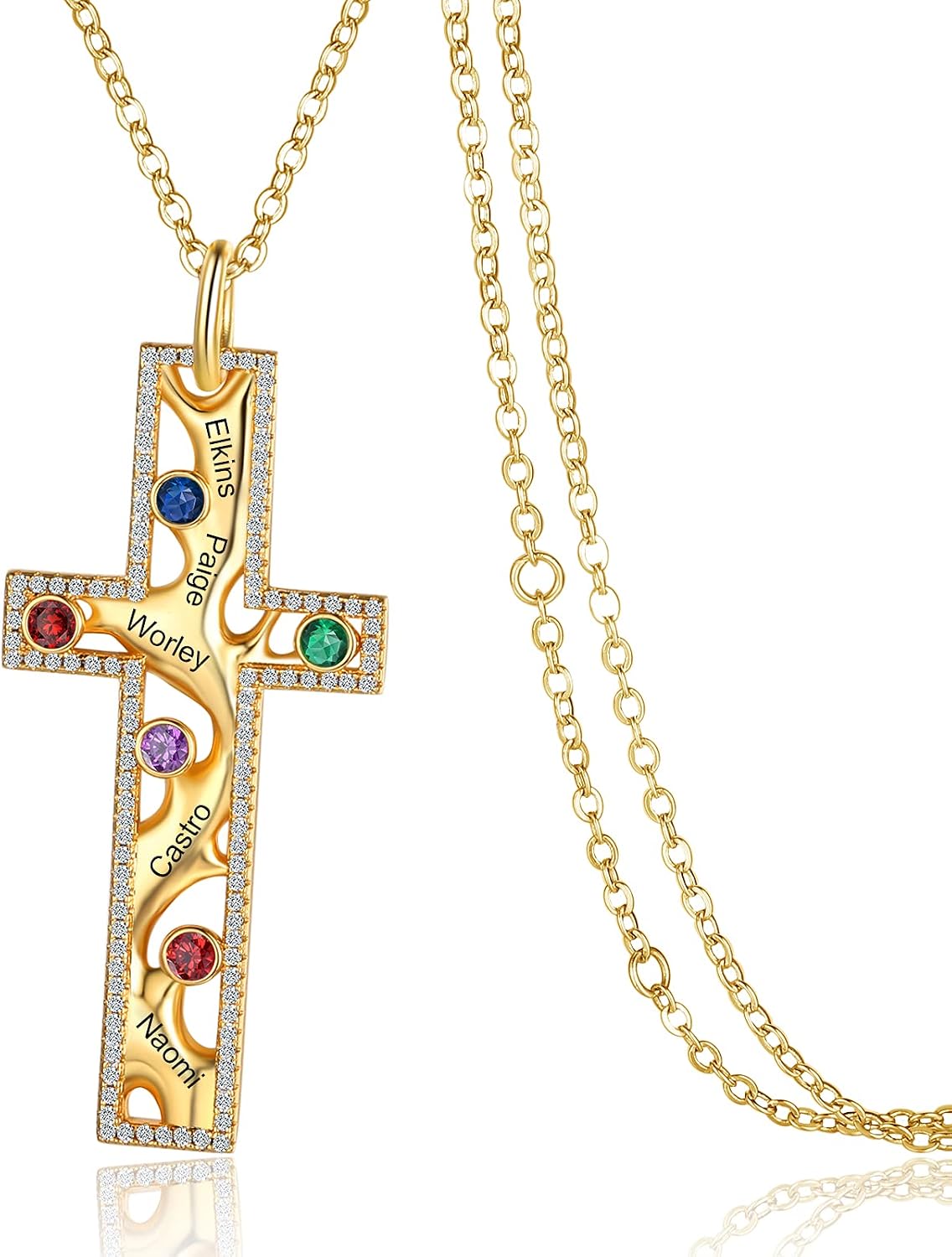 Gold Cross Necklaces for Women Personalize Dainty Gold Plated Cross Pendant with 1-5 Birthstones Faith Necklace Engravable Names Necklace