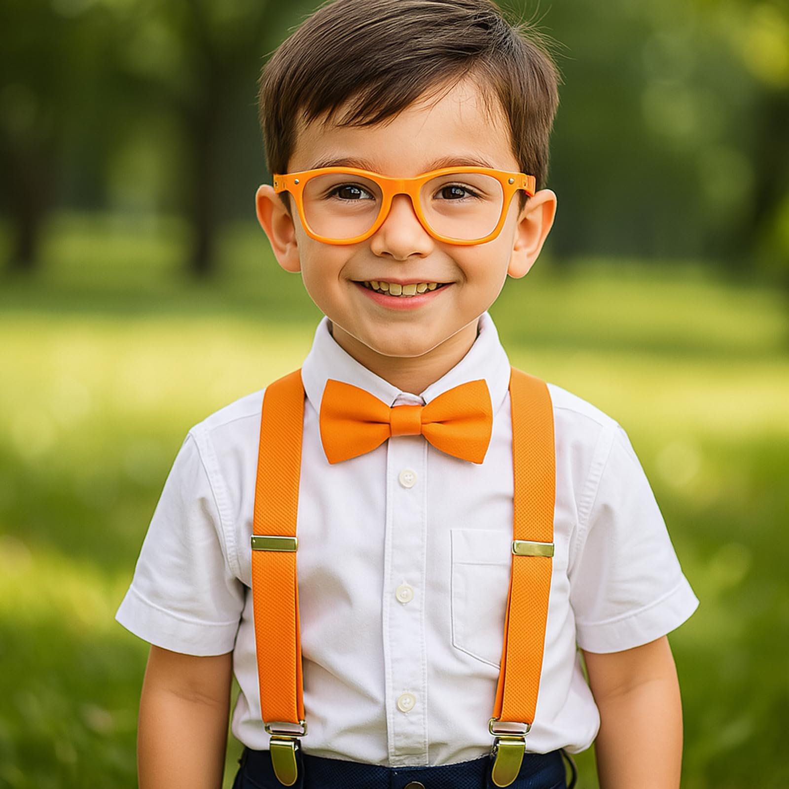 CBRPVT 5 Pcs Roleplay Costume Set, Blue, Orange Beret Hat, Orange Bow Tie & Suspenders, Framed No, Lens Bow Glasses, Sticker - Image 4