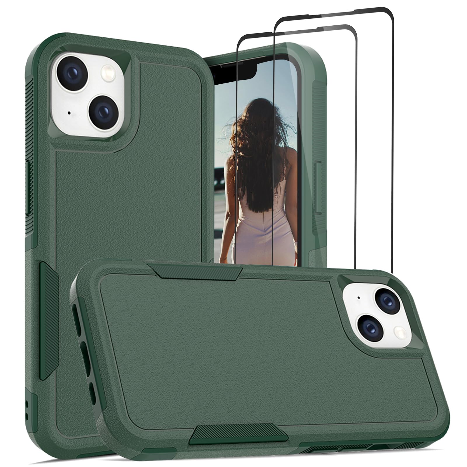 Jeylly [3 in 1 Case for iPhone 14, with 2 X Tempered Glass Screen Protector, Dual Layer Hard PC Soft TPU Bumper Heavy Duty Full Body Shockproof Case