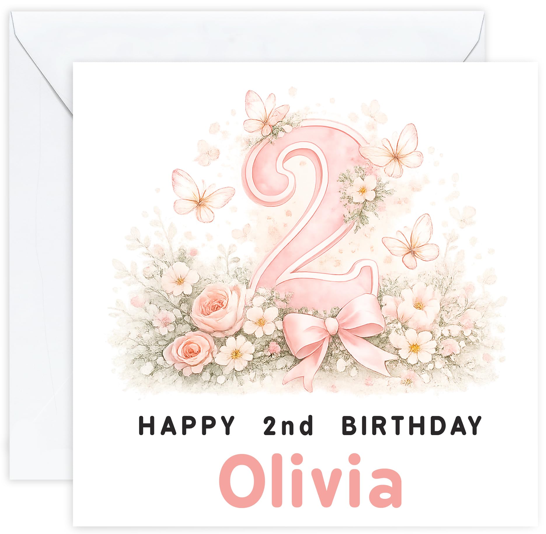 Personalised 2nd Birthday Card for Girl | Two Year Old Girls Birthday Card with Name | For Her, Daughter, Granddaughter, Niece or Goddaughter (Design 8)
