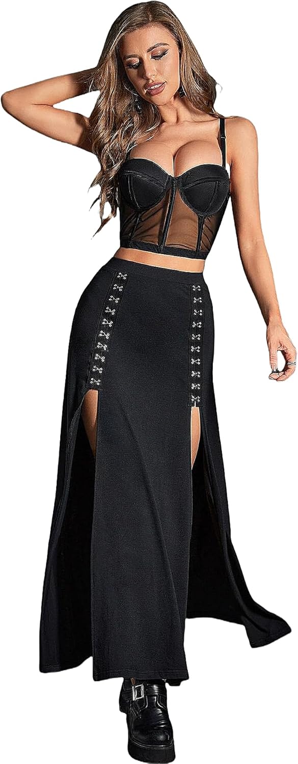 Sexy Black Punk Gothic Maxi Skirt for Women Stretchy High Waist Rock Alt Rave Long Skirts with Double Split - Image 2