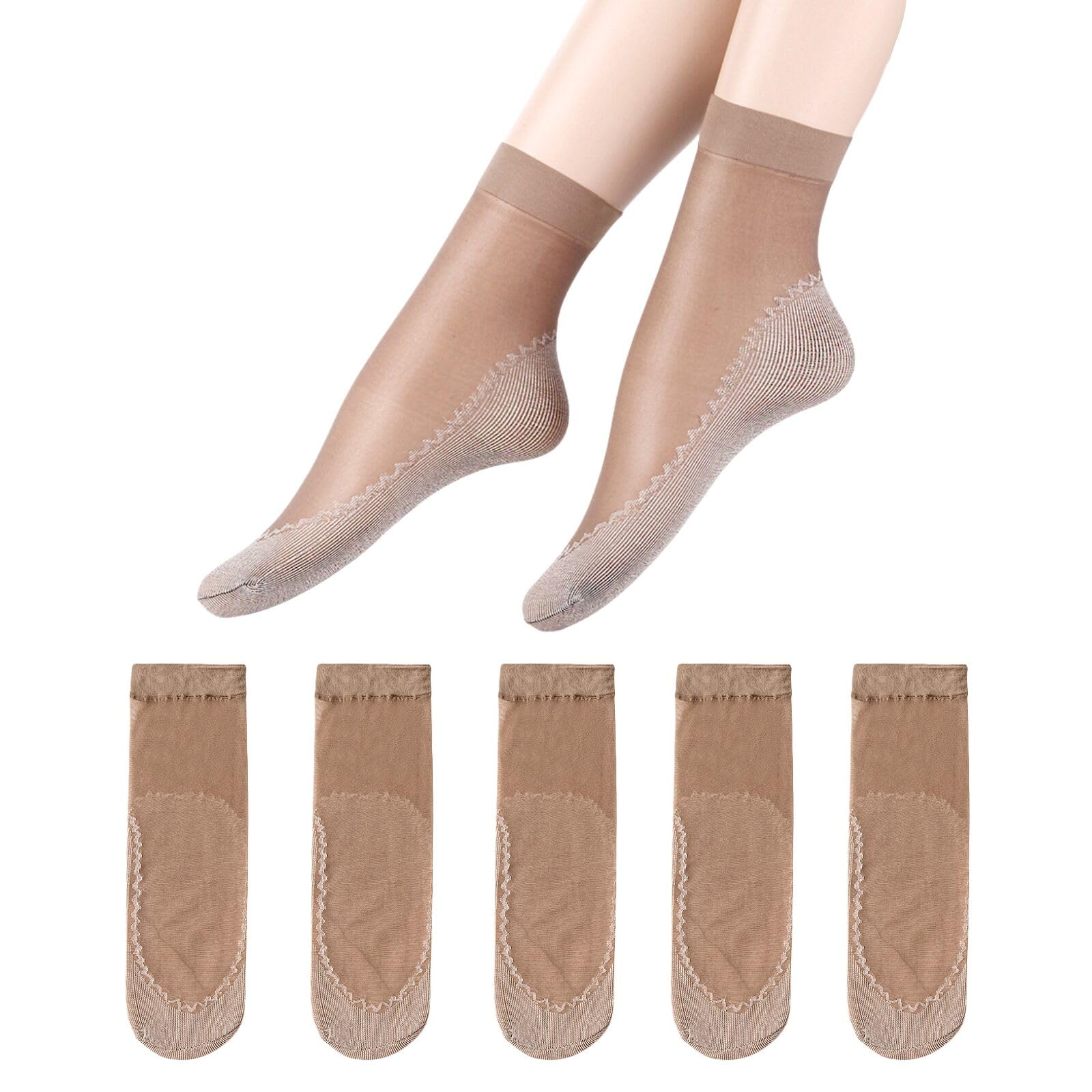 TouKingda Sheer Pop Socks for Women 5 Pairs Silky Anti-Slip Cotton Sole Ankle Socks Casual Nylon Transparent Skin-feeling Fashion Sheer Sock(Brown)