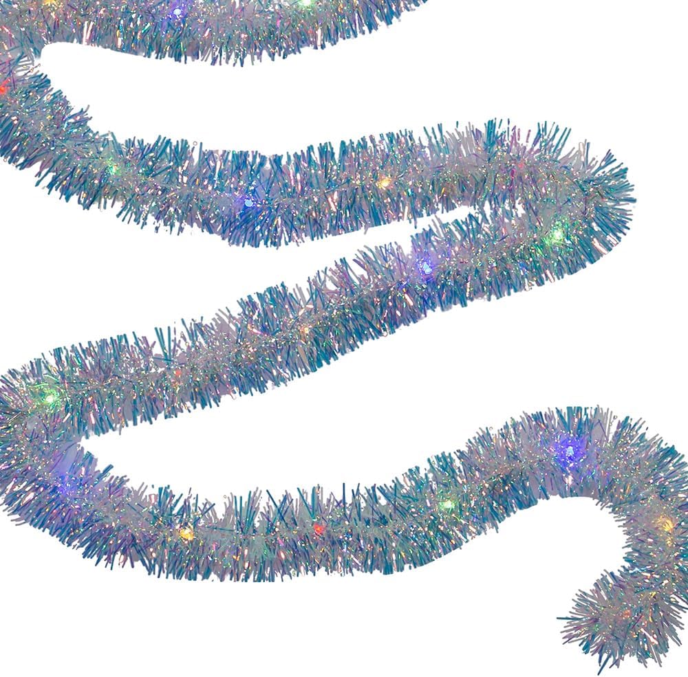 Kurt Adler 9.8-Foot Pre-Lit Silver Iridescent Tinsel Garland with 30 Multi-Color Super Brite LED Bulbs, (BAT0307M)