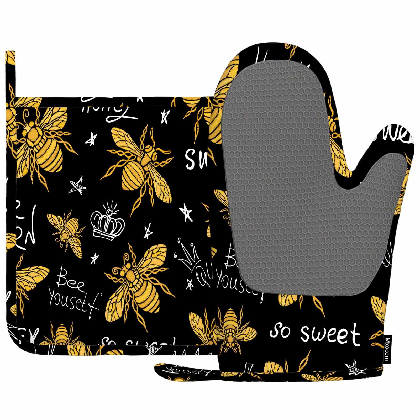 Mxocom Hohey Bee Oven Mitts and Pot Holders Sets Golden Embroidery Golden Wings Insect Black Silicone Heat Resistant Kitchen Oven Gloves Pot Holder