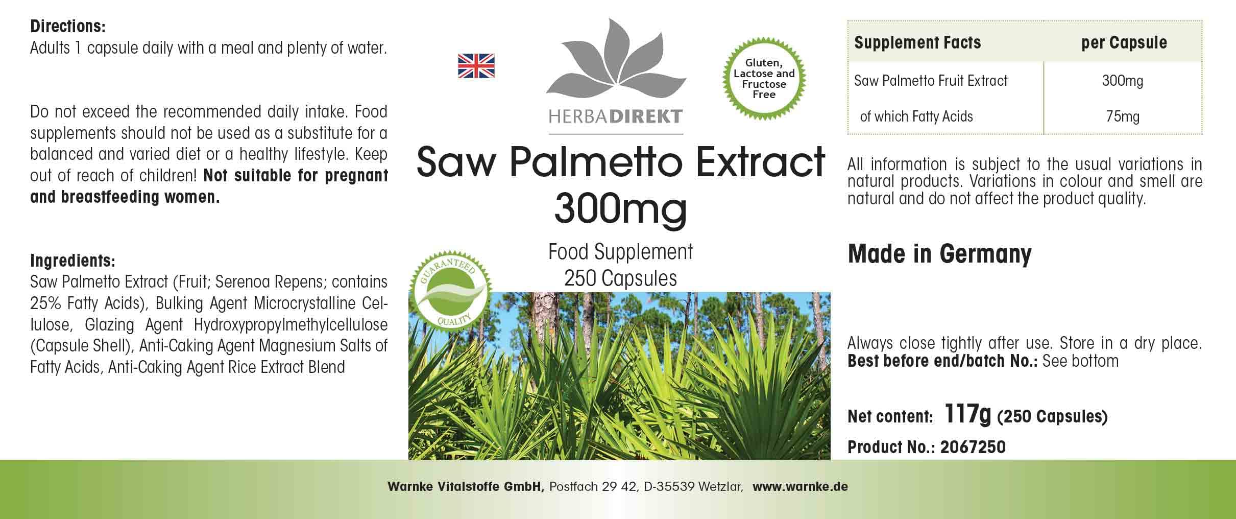 Extrait de palmier nain 300mg - avec bêta-sitostérol - grand emballage - 250 gélules | Herba Direkt - Qualité des pharmacies allemandes