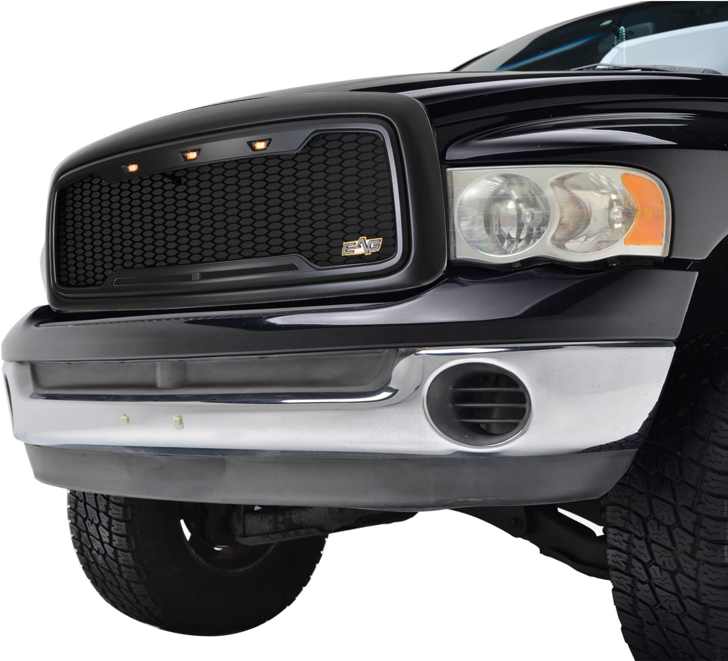 EAG Replacement ABS Upper Grille LED Front Grill - Matte Black - with Amber LED Lights Fit for 02-05 Ram 1500/2500