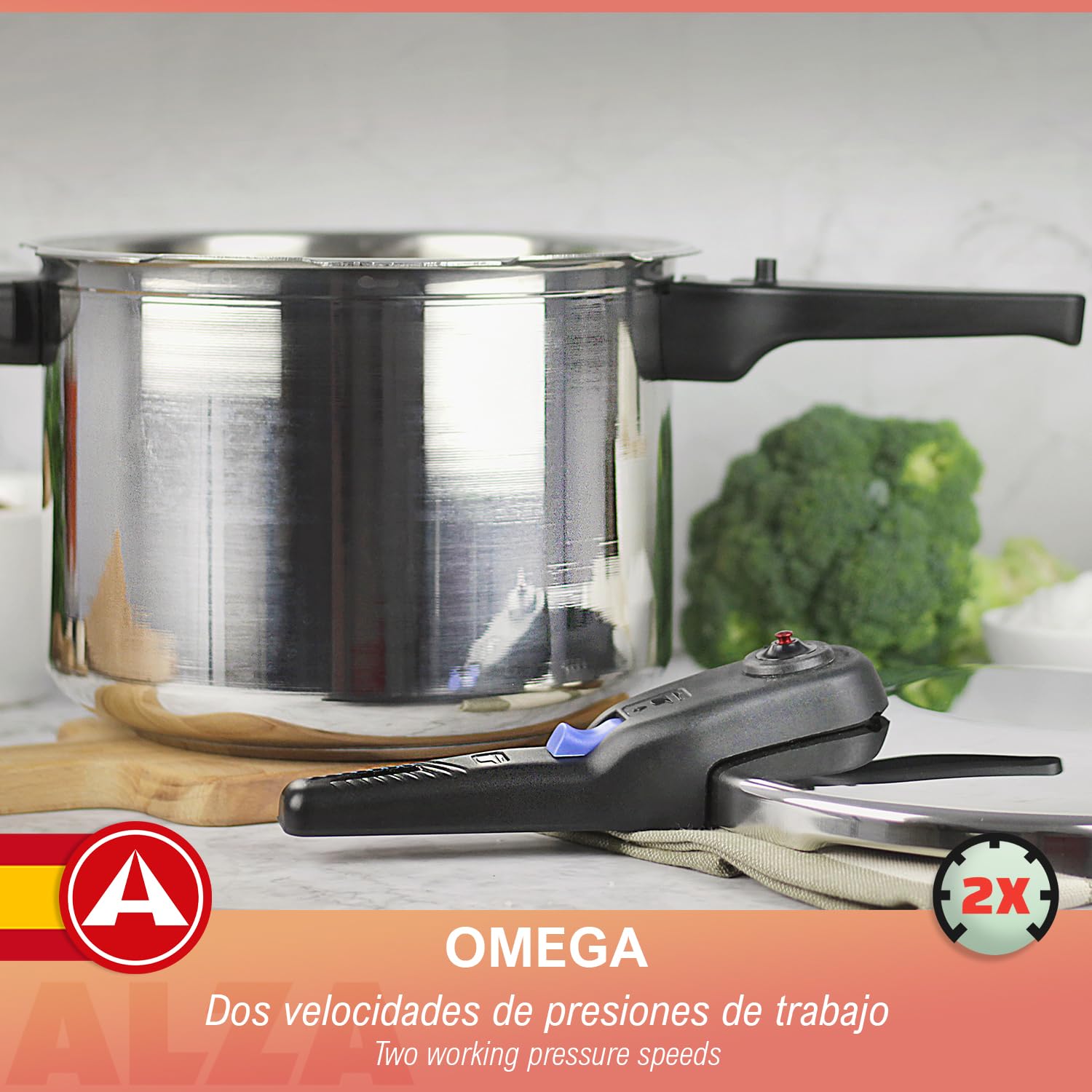 Alza Omega - Olla a Express Rápida de 6 Litros + Cestillo, Acero Inoxidable 18/10, Apta Para Todo Tipo de Cocinas, Inducción