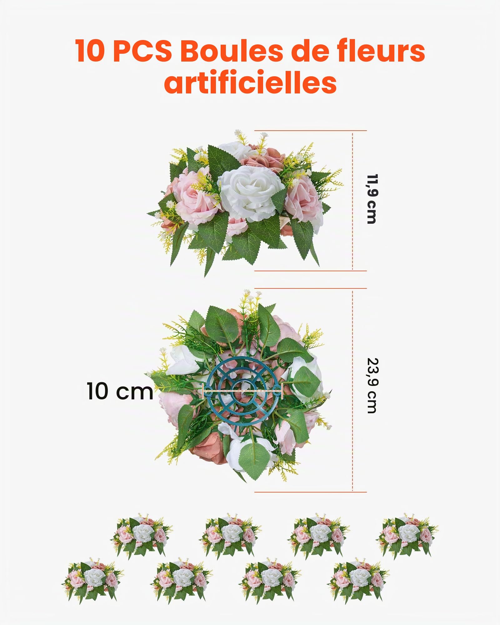 VEVOR Boules de Fleurs Artificielles, Lot de 10, Diamètre 24 cm, Compositions Roses Artificielles pour Centres de Table, Mariages, Fêtes, Saint-Valentin, Décoration d'Intérieur, Roses en Rose et Blanc