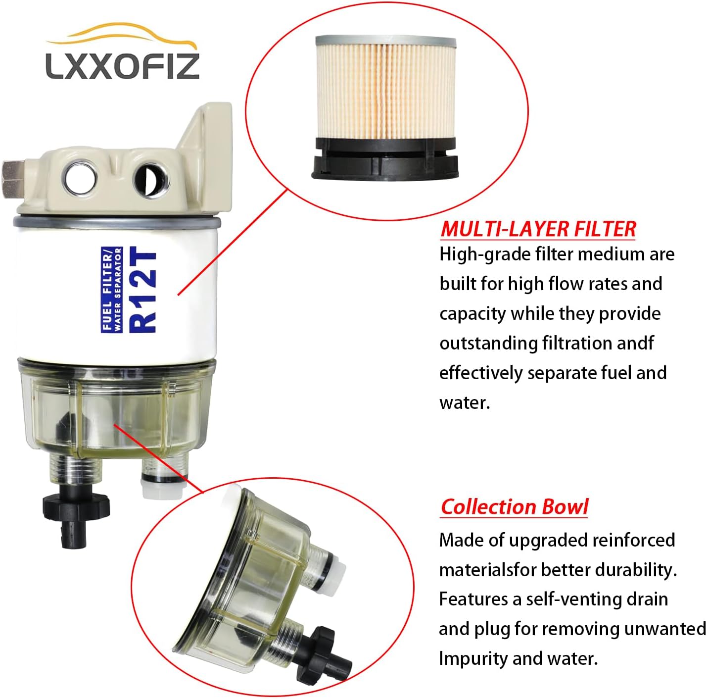 Marine Fuel Filter Water Separator Complete Kit for Outboard-R12T with NPT ZG1/4-19 Replaces Racor S3240 120AT R12T