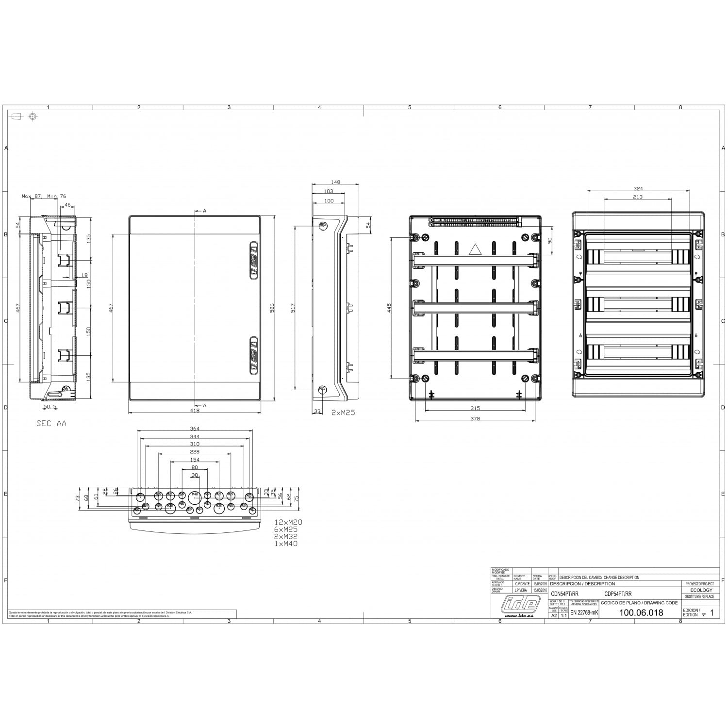 IDE cdn54pt boîtes de Distribution Terminal, IP65, 54 modules