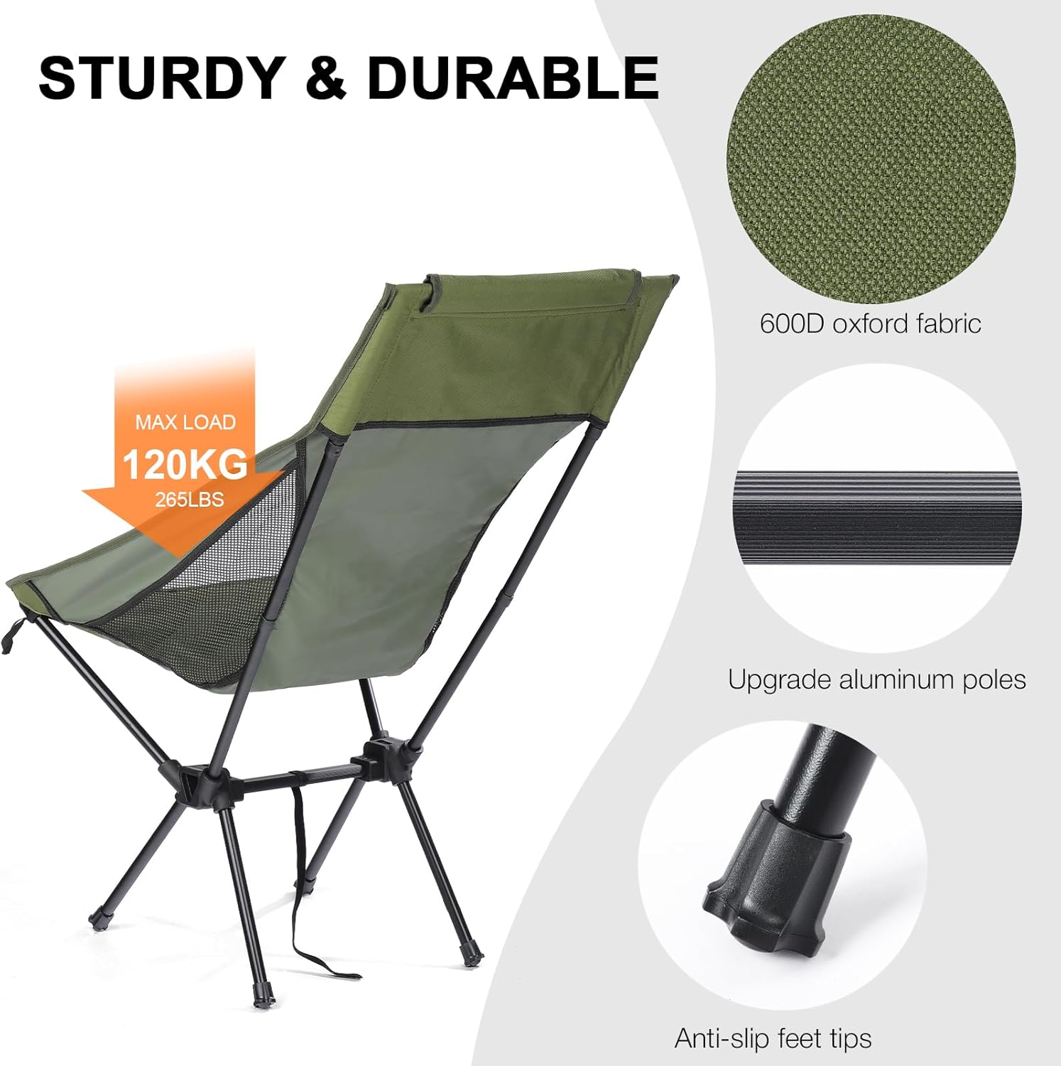 Lightweight Camping Chair with Side Pocket for Adults, Folding High Back Camp Beach Chair, Portable Collapsible Backpacking Chairs for Hunting Fishing Lawn Outdoor Travel, Green - Image 5