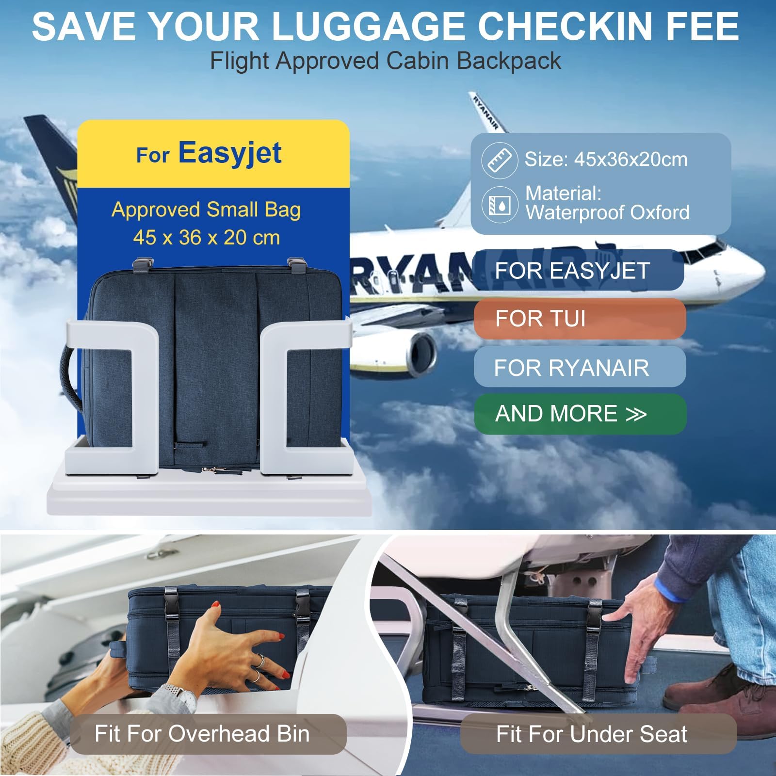 SZLX Zaino Ryanair 40x20x25 Donna Zaino da Viaggio Bagaglio a Mano 20L Uomo Borse da cabina 45x36x20 Easyjet Travel Backpack Adatto a laptop da 14 Pollici con scomparto per scarpe per Lavoro e Scuola