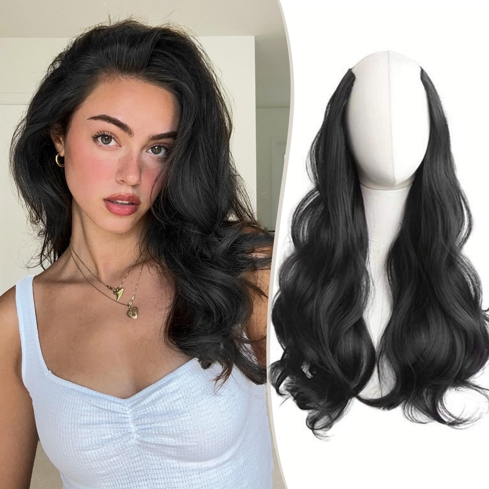 FAVE Clip in Hair Extensions 20 Inches V-shaped Hair Extension One Piece Wavy Clip in Hair Extensions Synthetic Hair Extension for Women (1B)