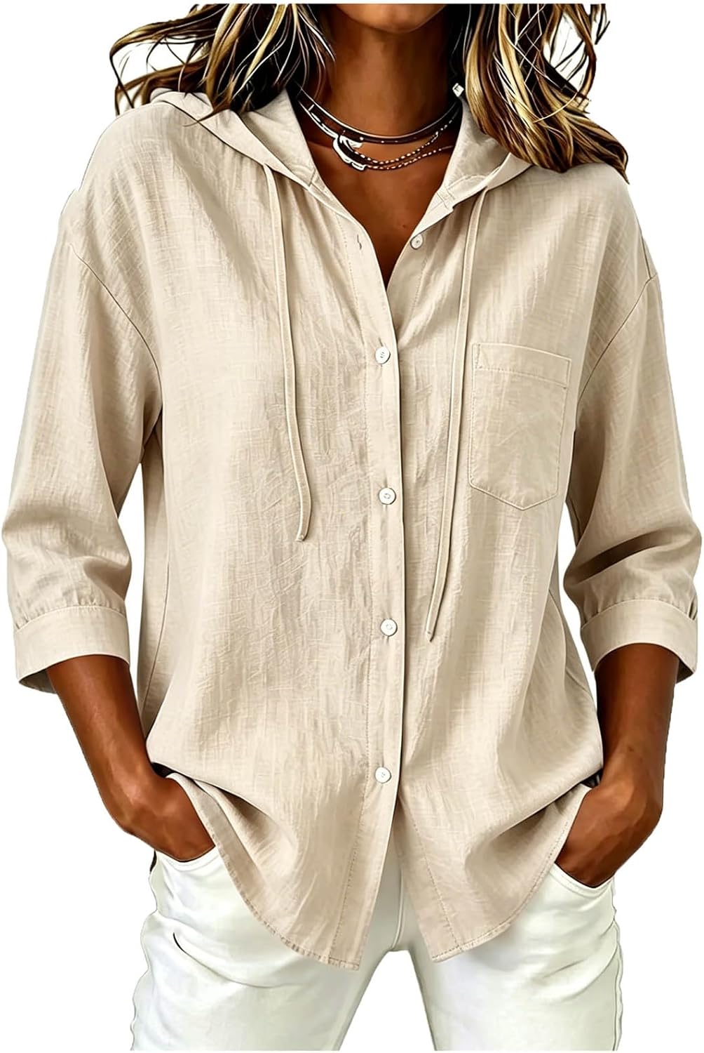 Women’s Hooded Button Down Shirt 3/4 Sleeve Cotton Linen Lightweight Sun Blouse Summer Beach Cover Up Tops Pocket