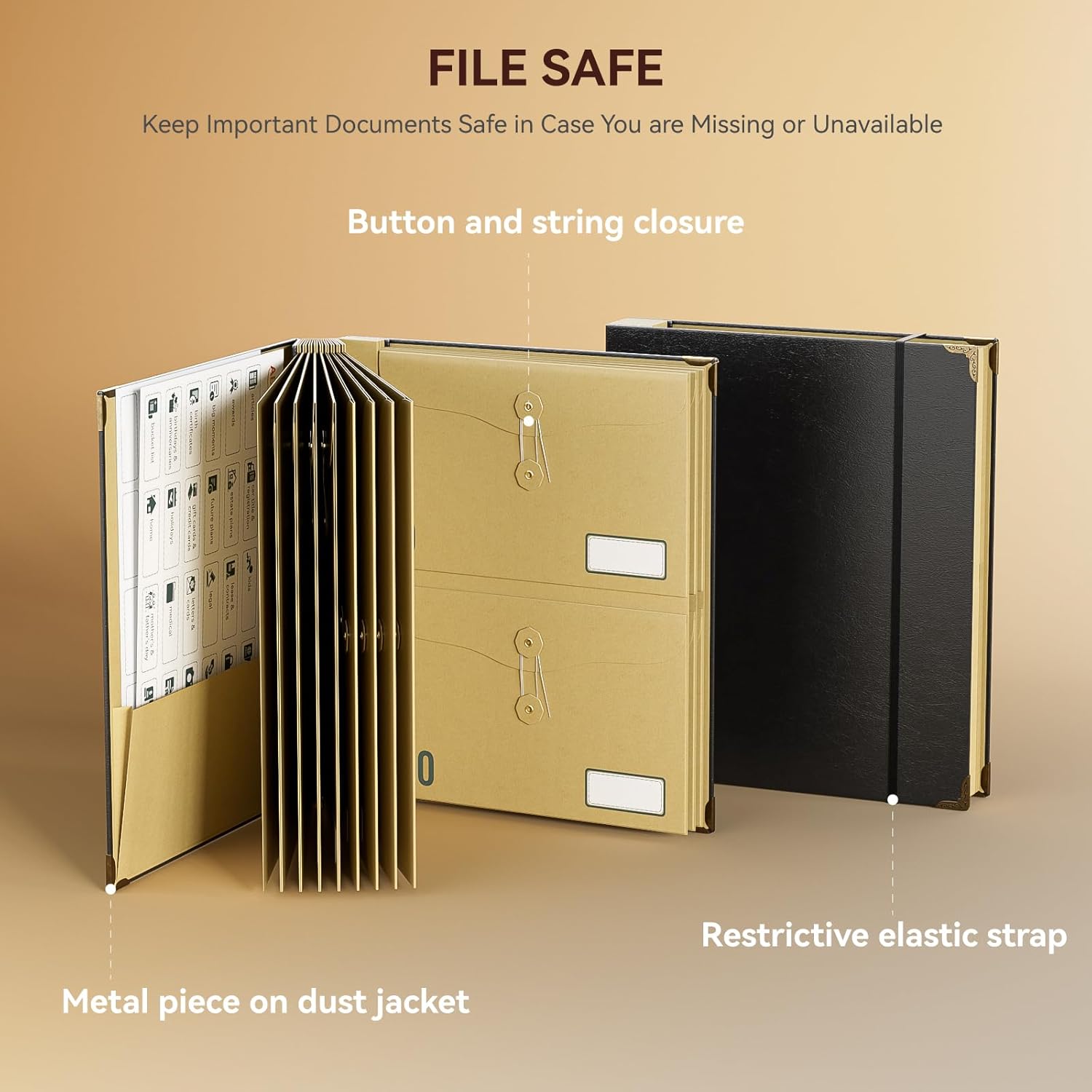 ABC life Document Organizer, Expanding File for Important Papers, Passports, Birth Certificates, Passports, Photos and Letters, Spine-Free Design with Elastic Closure - Black