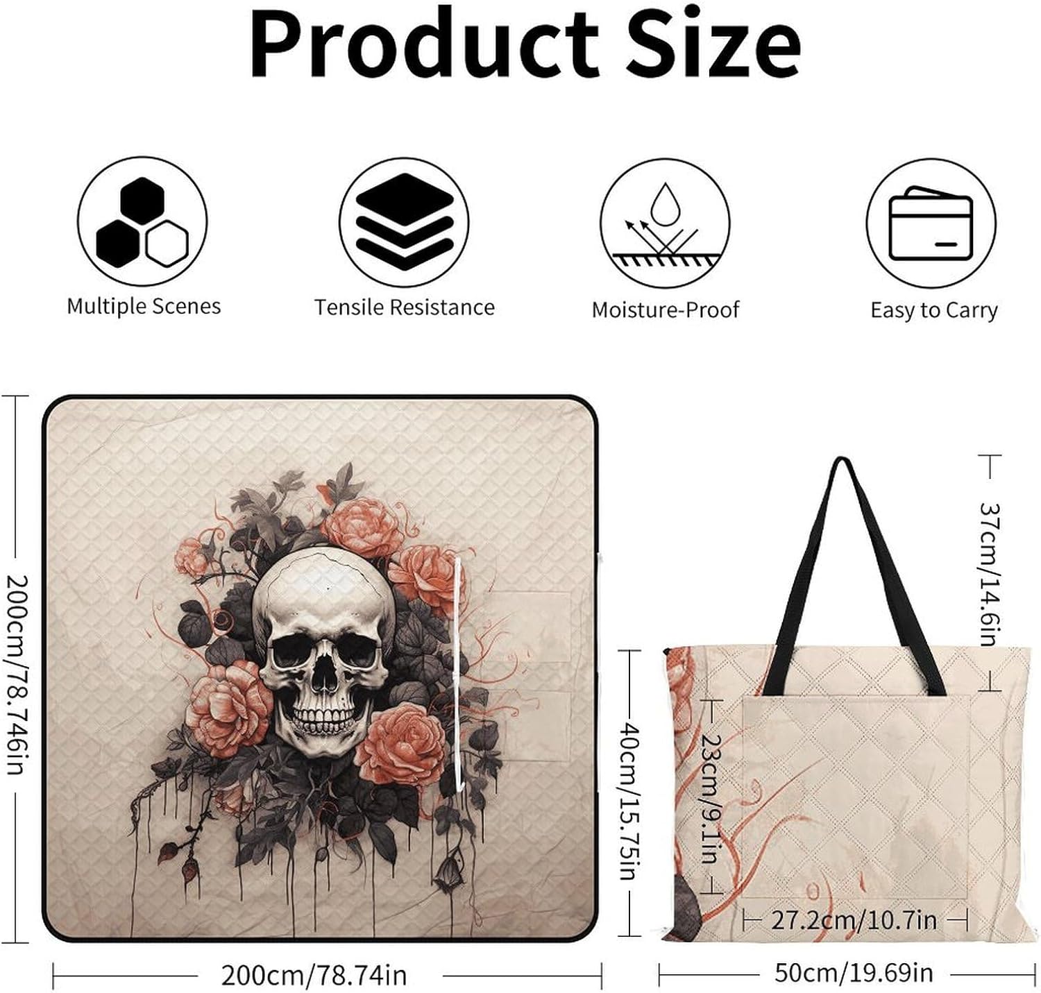 Ancient Skull and Flowers Picnic Blanket 200x200cm, Foldable 2-in-1 Picnic Mat and Tote Bag Portable Waterproof Beach Mat Sandproof Outdoor Blanket for Park, Hiking, Beach, Camping, Travel