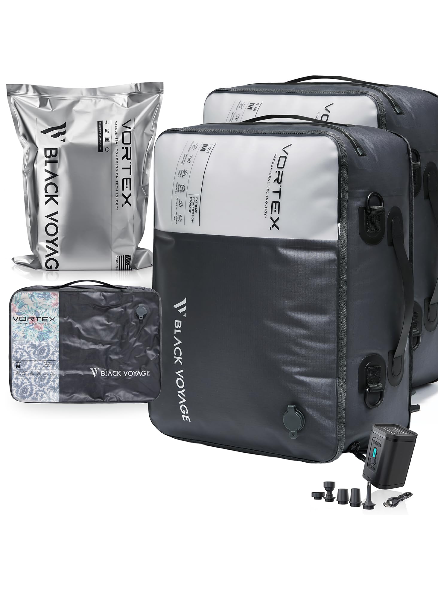 Black Voyage Reusable Vacuum Compression Travel Bag for Carry-On Suitcase and Backpack, Recycled IP67 Waterproof Space Saver Vacpack (2-Pack, 21L -