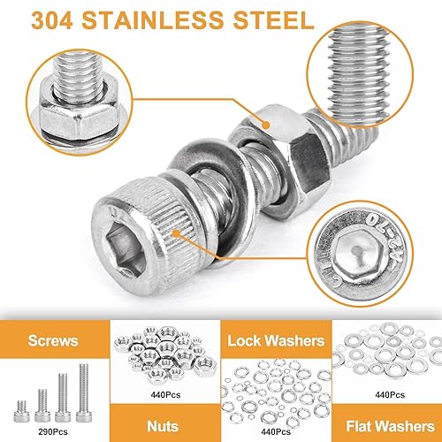 Miniatura 4 de VIGRUE Juego de 1610 tornillos surtidos M2 M3 M4 M5 Tornillos de cabeza hexagonal métrica 304 Tornillos de máquina de acero inoxidable Tornillos de