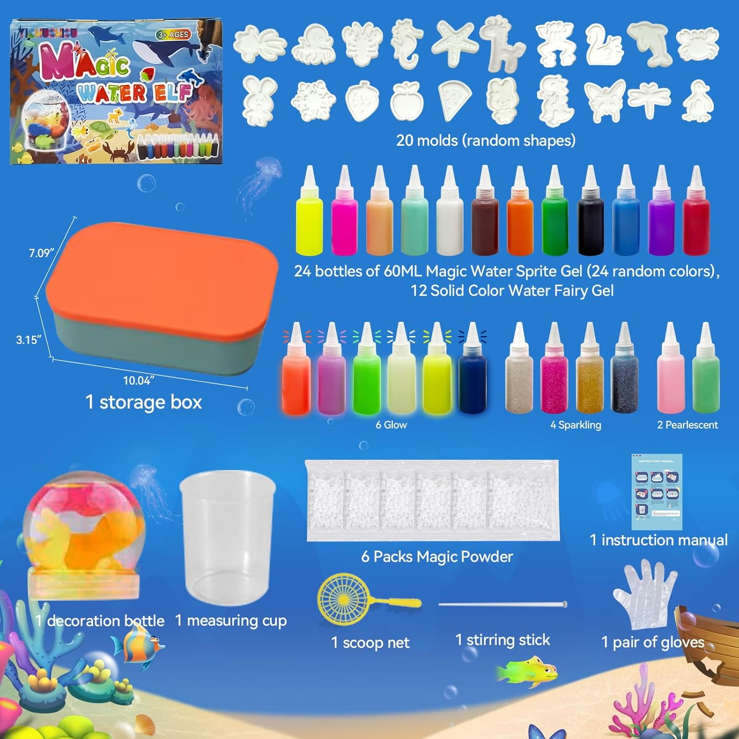 Magic Water Elf Toy Kit,20 Molds Safe & Non-Toxic Squishy Making Kit Focus & Concentration,Fun No-Mess STEM Activity-DIY Glow Magic Elves Craft for Boys Girls (12solid+6glow+4Sparkling+2Pearlescent)