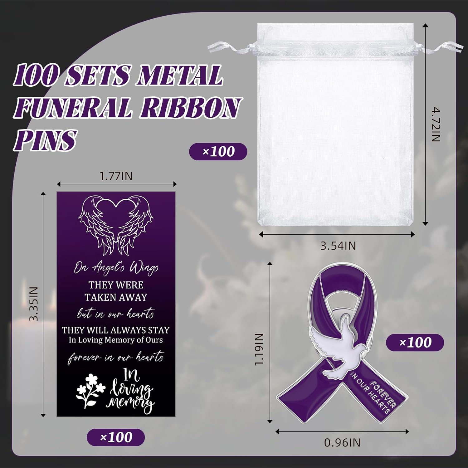 Quelay 100 Sets Funeral Ribbon Pins Funeral Favors Ribbon Pins Prayer Cards and Organza Bags Awareness Lapel Forever in Our Hearts Memorial Brooch for Mourning Remembrance Day (Purple)