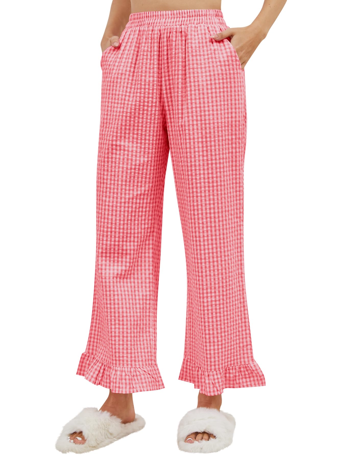Womens Gingham Pants Y2K Cotton Wide Leg Ruffle Hem Lounge Pants Plaid Print Loose Trouser with Pockets