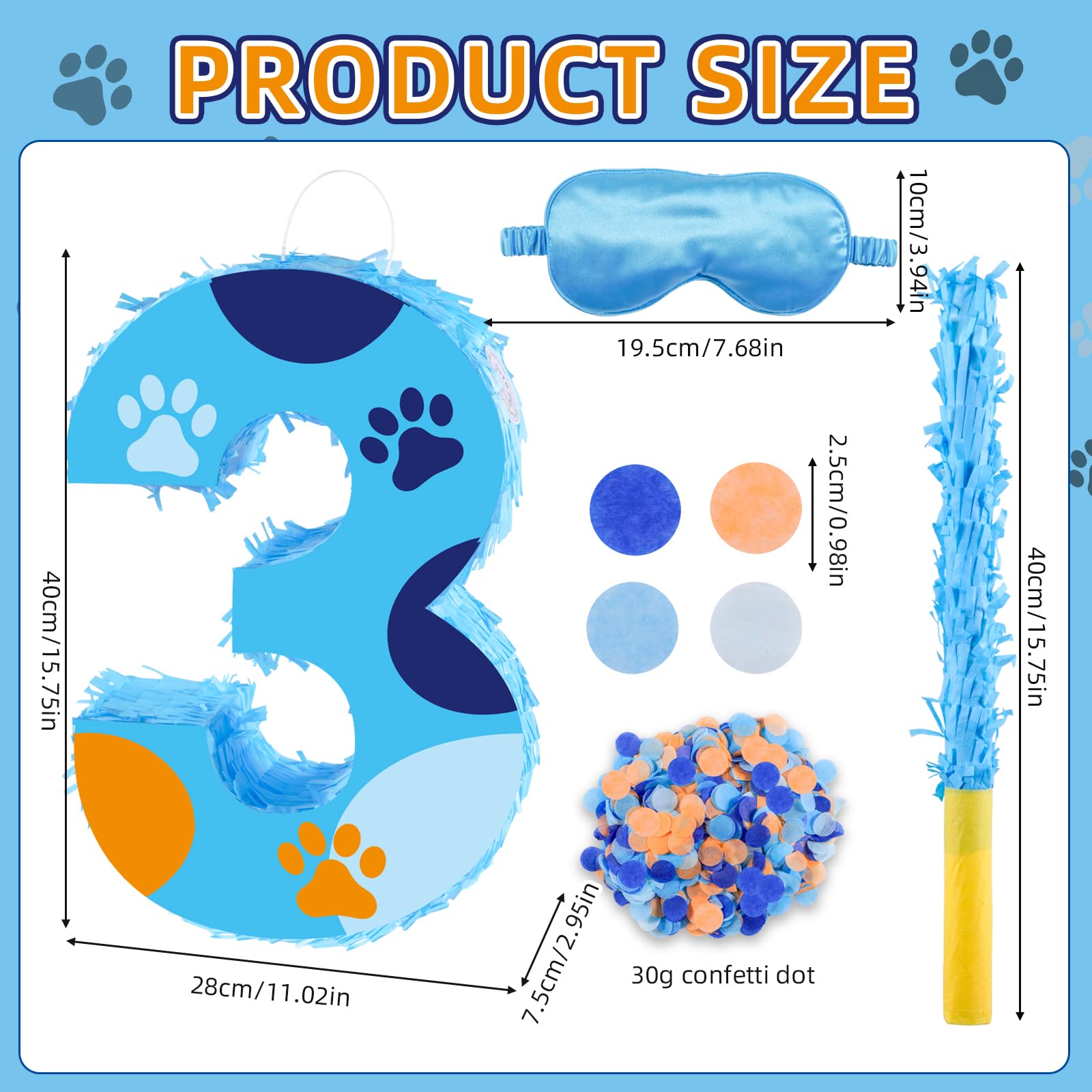 16 Inch Number 3 Dog Paw Pinata with 16 Inch Piñata Stick Blindfold Confetti for Boy Girl Kids 3rd Birthday Party Decorations (3rd)