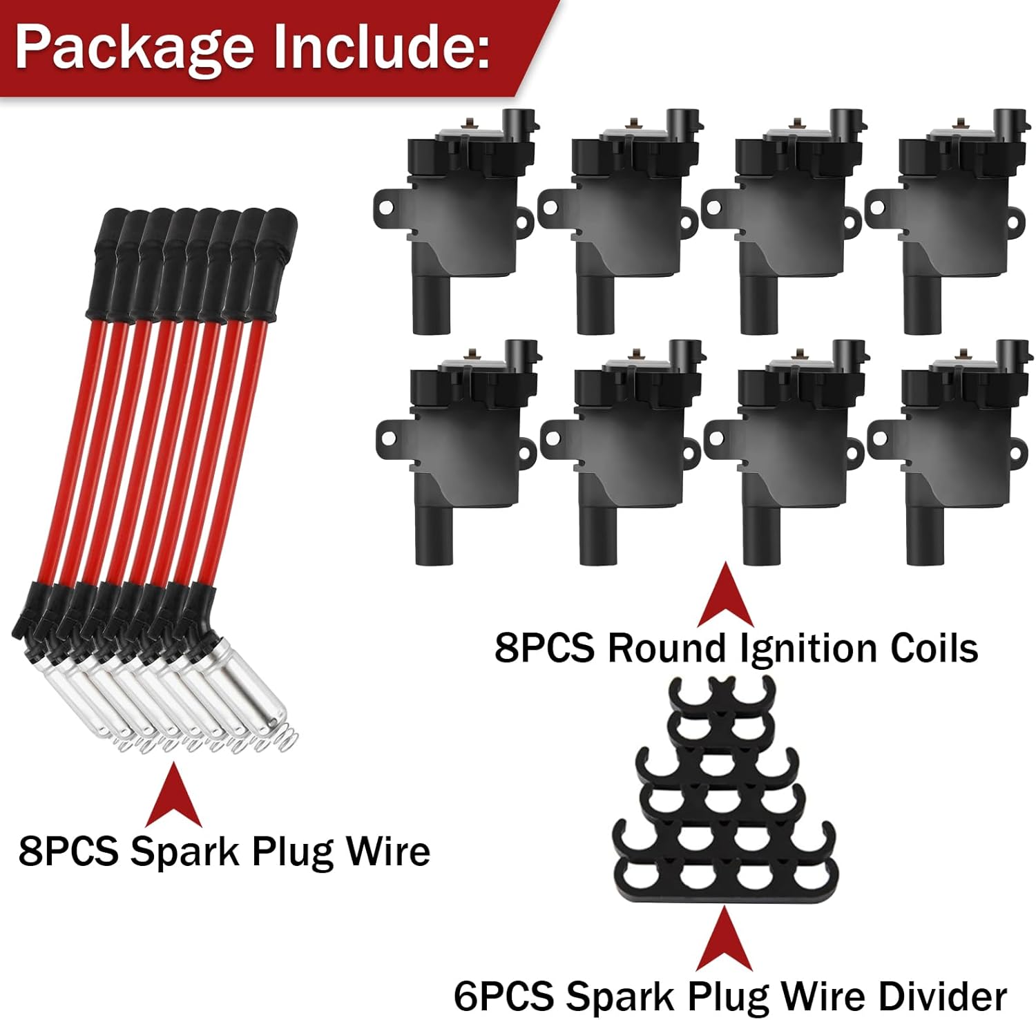 Pack Of 8 Round D585 Ignition Coil With 748UU 8mm Spark Plug Wires Fit for Chevy Silverado GMC LS LS1 4.8L 5.3L 6.0L UF262 C1251 12573190 8125731900 610-02839 GN10119