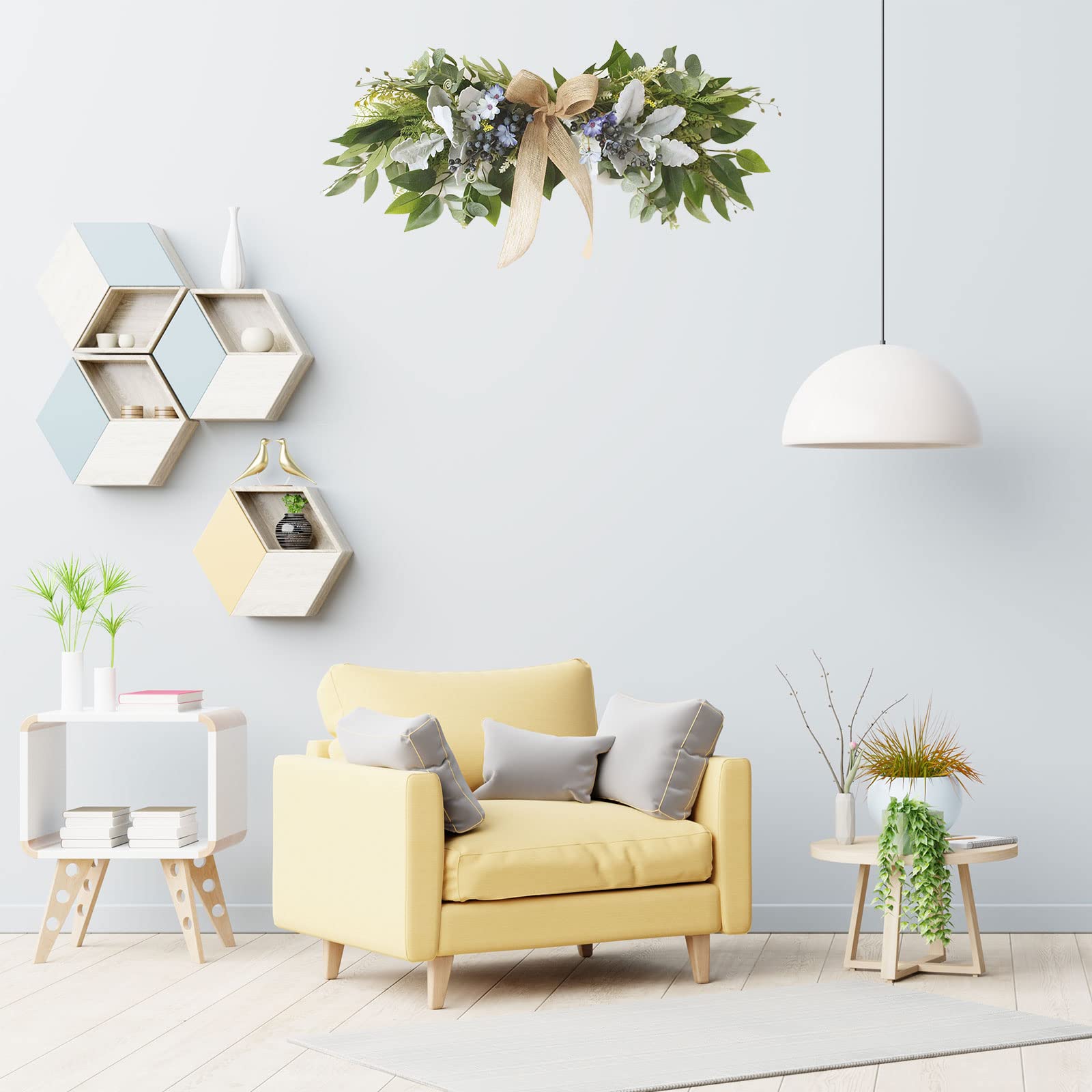 Firlar 25.6 Inch Artificial Daisy Swag, Spring Summer Silk Flower Wreath with Bowknot Berry and Eucalyptus Leaves, Faux Greenery Swag Fake Floral Garland for Chair Back Wedding Arch Front Door Decor