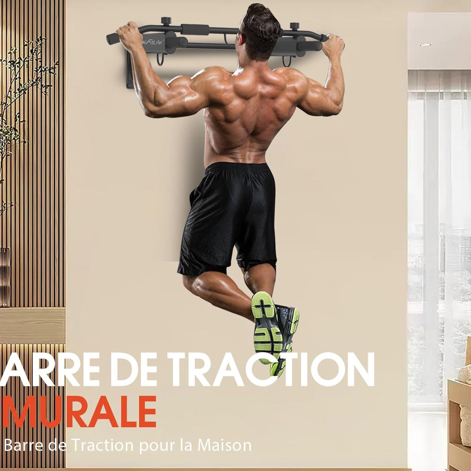DH FitLife Barre de Traction 4 en 1 pour Montage Mural, Charge jusqu'à 200kg | Chevilles d'Expansion | Poignées Antidérapantes | Compatible avec Sac de Frappe & Entraîneur de Sangles