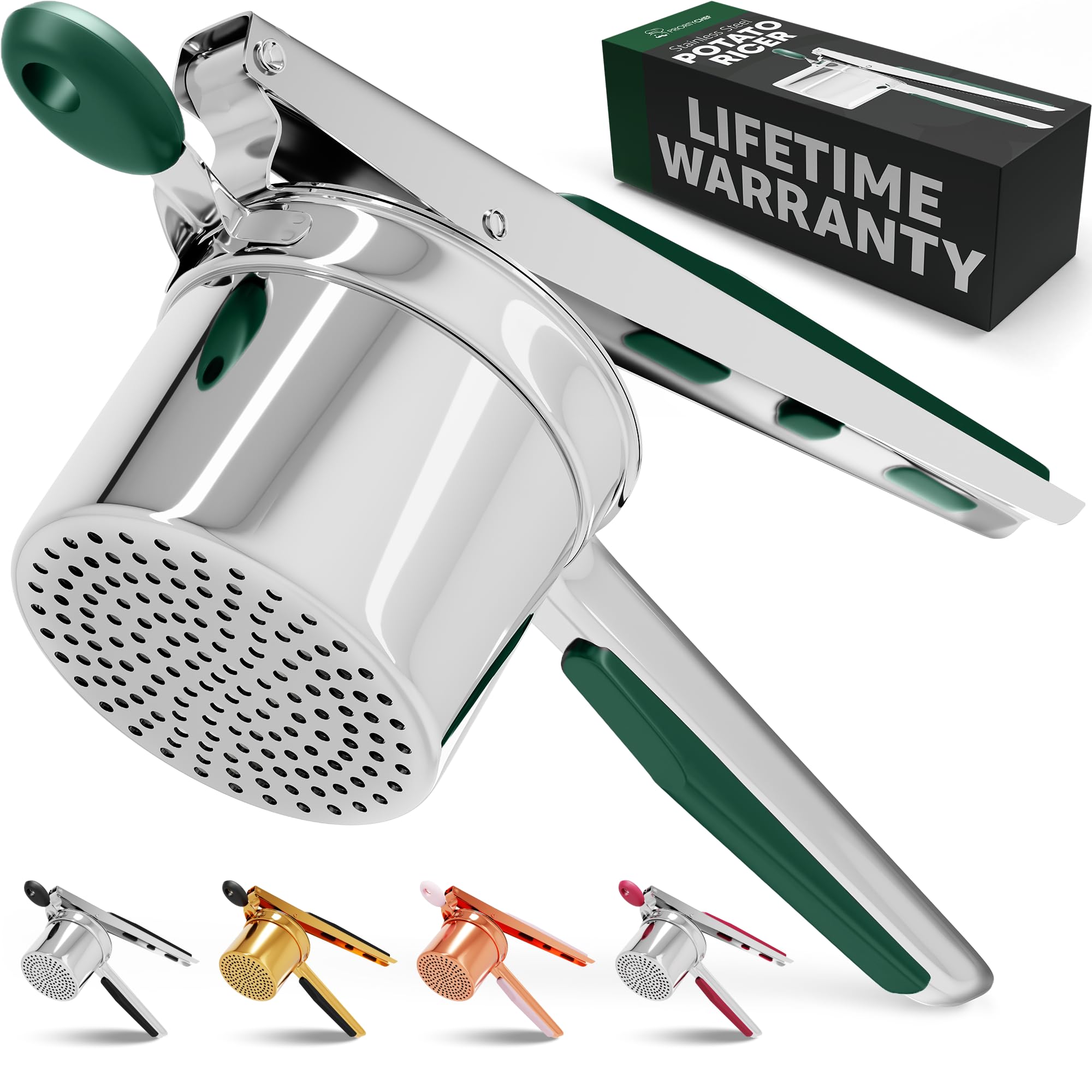 PriorityChef Large 15oz Potato Ricer, Heavy Duty Stainless Steel Potato Masher and Ricer Kitchen Tool, Press and Mash Kitchen Gadget For Perfect Mashed Potatoes - Everytime, Silver and Green