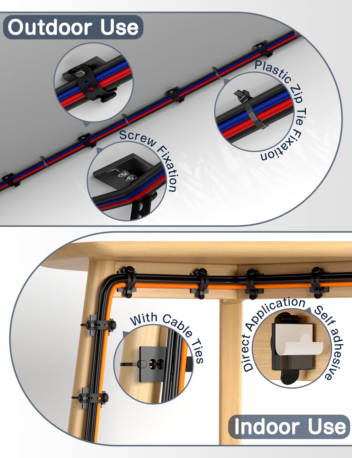 Viaky verstellbare Kabelclips, Kabel-Management, unter dem Schreibtisch mit selbstklebenden Halterungen, Kabelbinder, Mehrzweck-Kabelhalter, Kabelhalter zum Aufhängen von Schreibtisch, Auto-Wand, 10