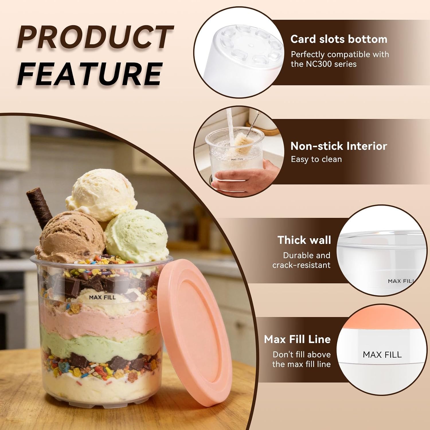 4 Pack 16 oz Ice Cream Containers with Lids and Aluminum Scoop, Replacement Pint Cups Compatible with NC300, NC301 and NC299AMZ Series, BPA-Free Dishwasher-Safe Containers