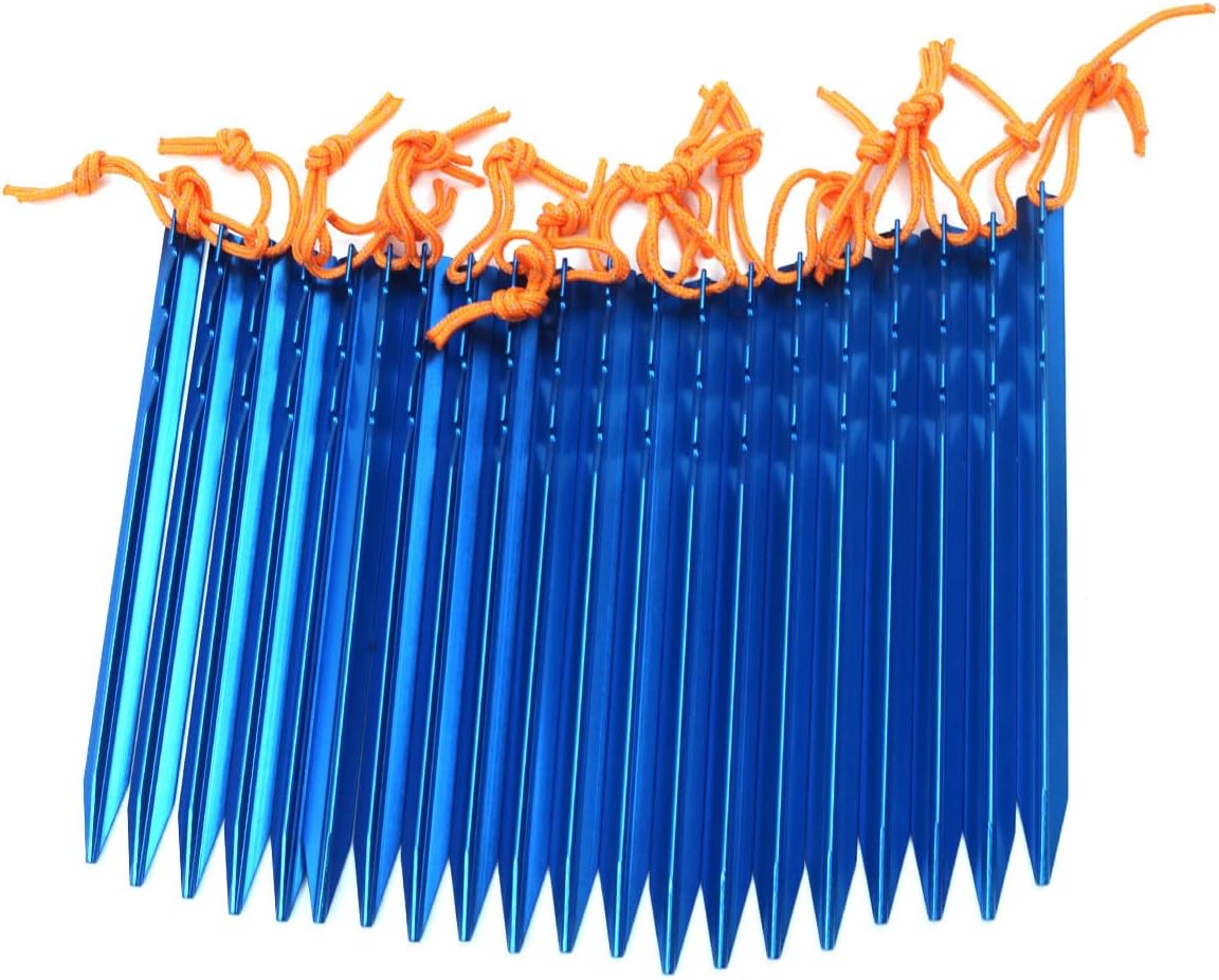ZONADAH 20Pcs in Set Camping Tent Pegs Stakes Set 7" (18cm) Long Ultralight 7001 Aluminum Alloy - 3 Guy Points - Blue with Storage Bag