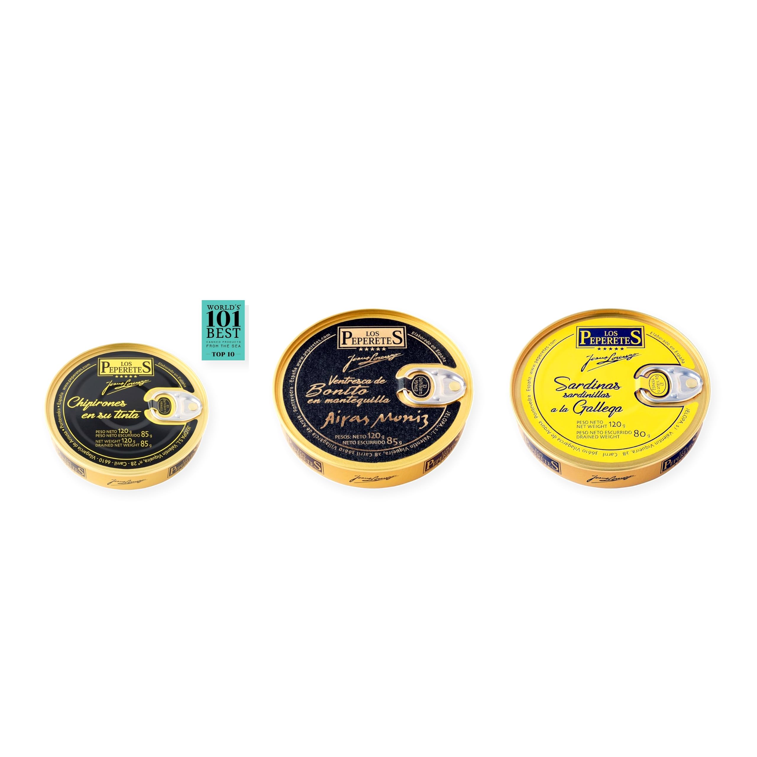 los peperetes conservas Chipirones Tinta 120g, Ventresca Bonito Mantequilla y Sardinillas Gallega pack 3 latas