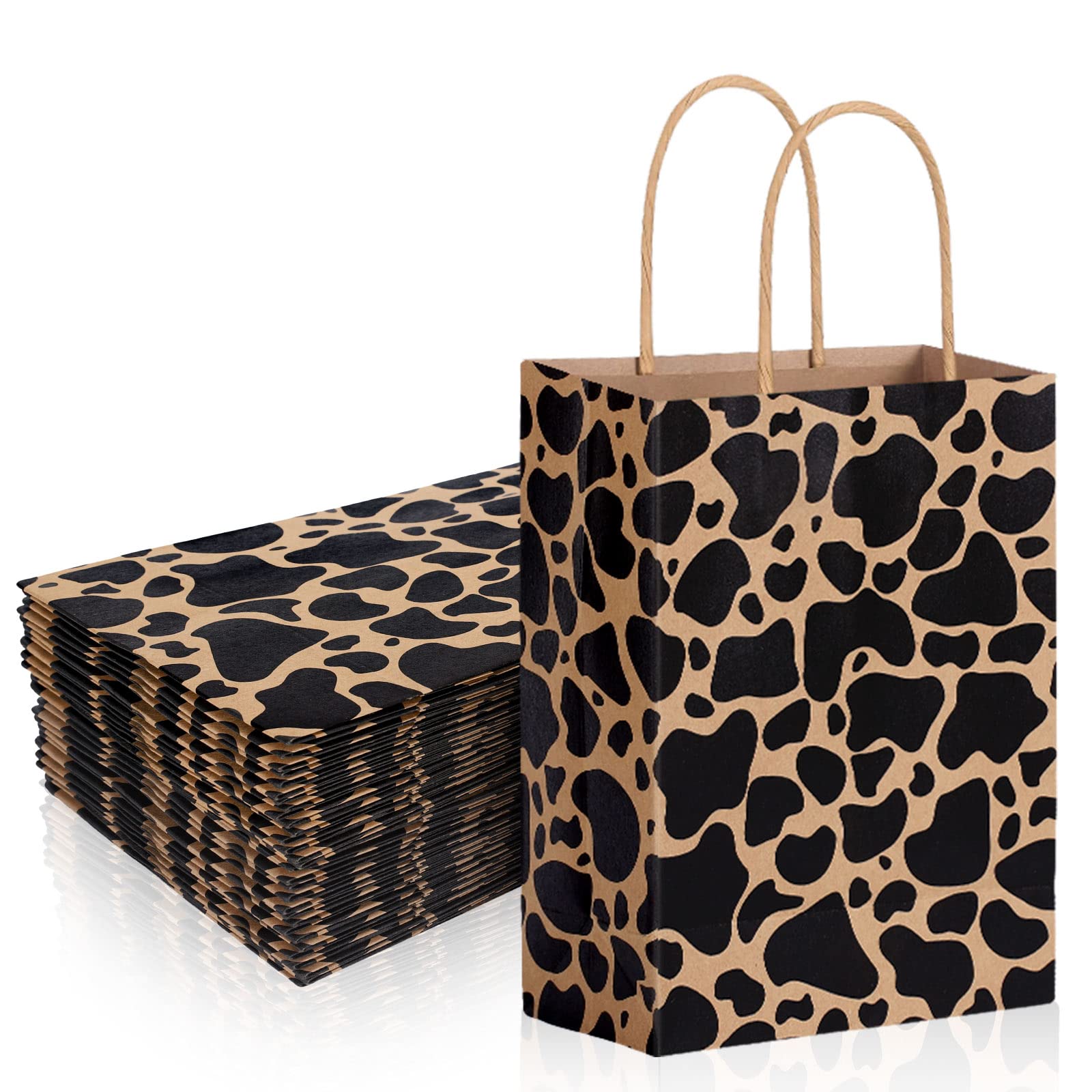 Whaline 20Pcs Cow Print Gift Bags with Handles Farm Animal Paper Bags Cow Print Kraft Paper Treat Bags Party Favors Goodies Bags for Gift Wrapping Girls Boy Birthday Baby Shower Party Supplies