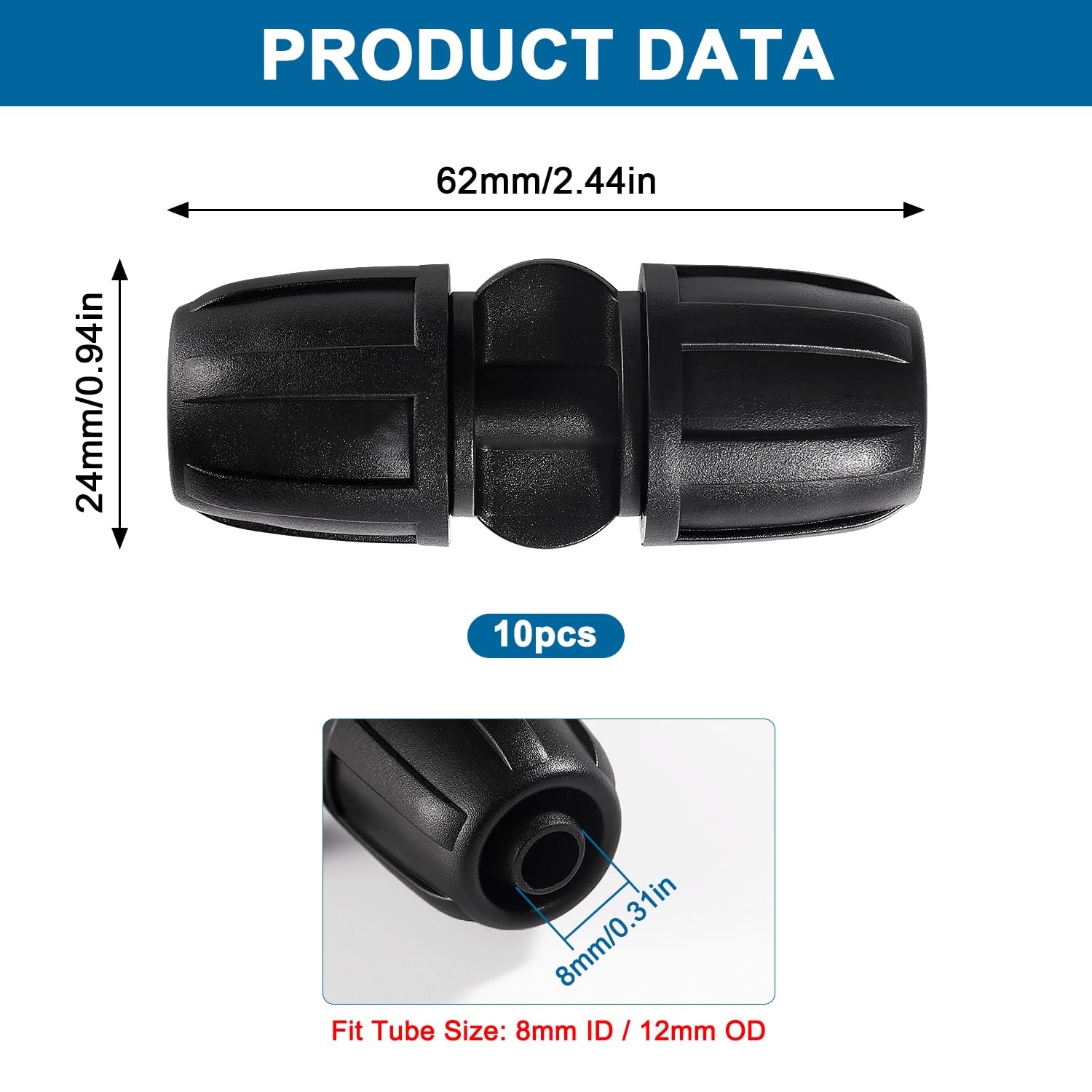 VooGenzek 10 PCS 8/12 mm Drip Irrigation Fittings, Lock Barbed Straight Connectors, Drip Tubing Barbed Connectors - Image 2
