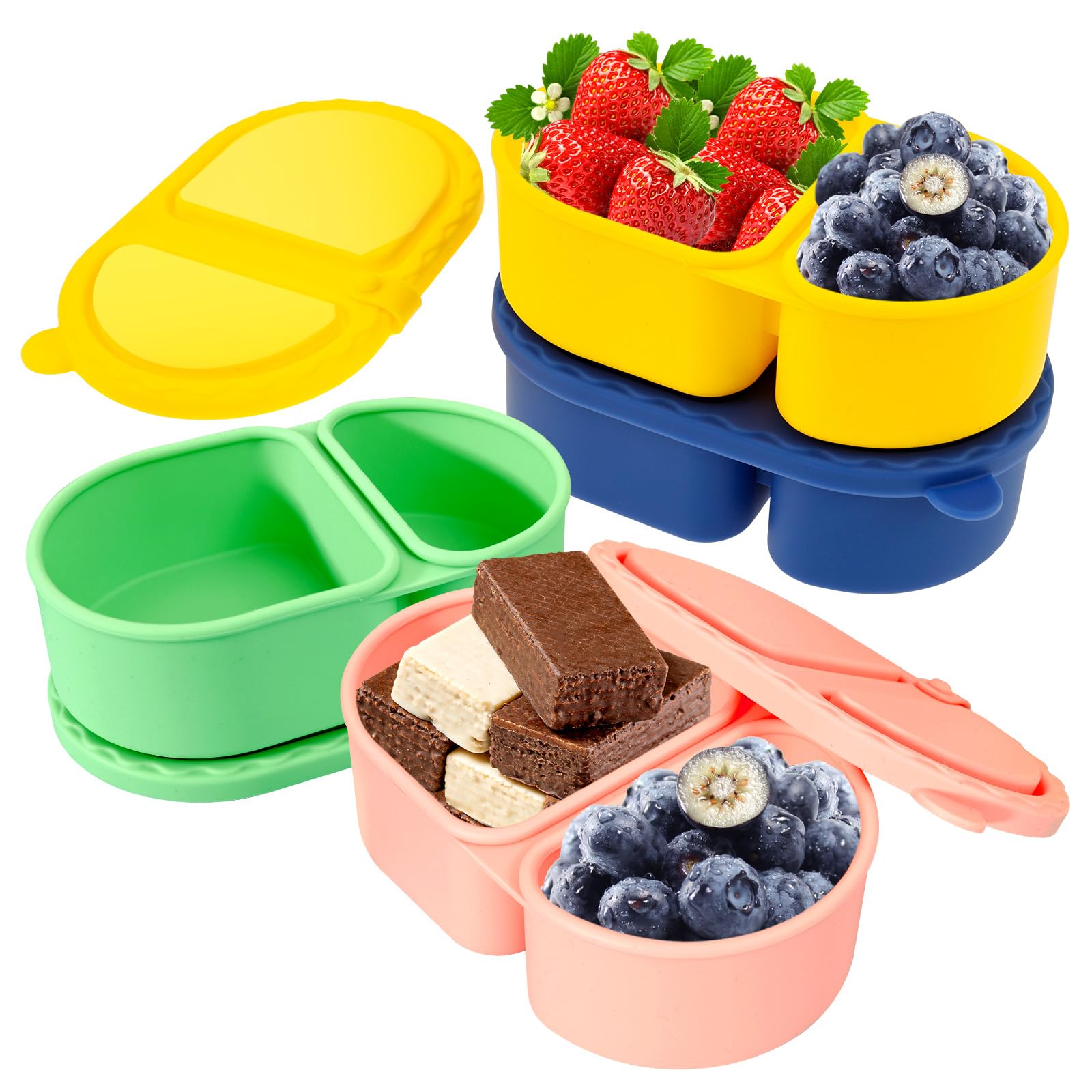 Alongen Colorful 4 Pcs Double Compartment Silicone Snack Container With Lid,Reusable Container For Toddlers Adults Office School Picnic