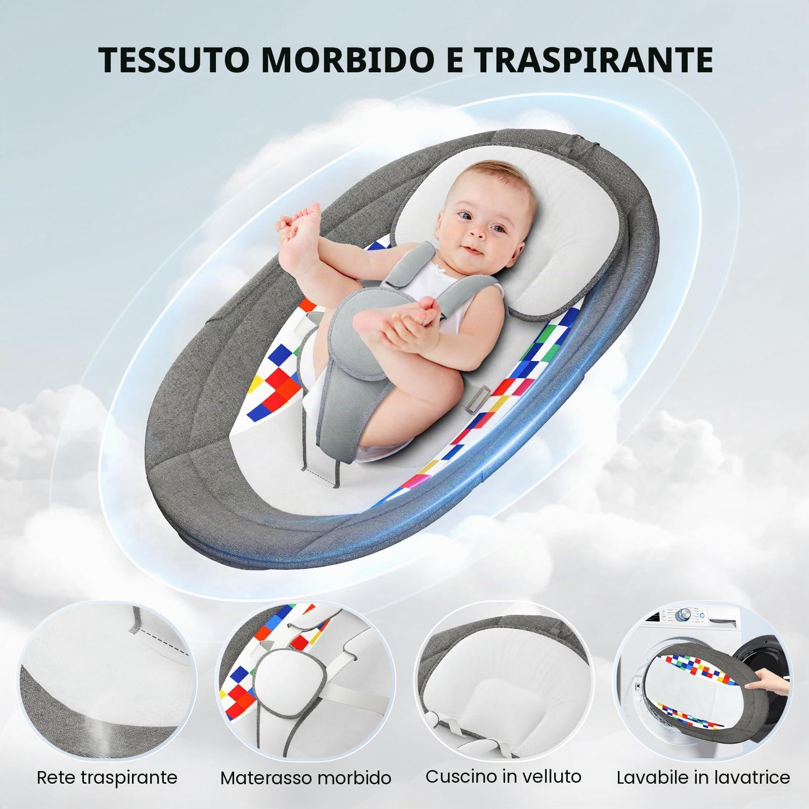 Operazione APP Sdraietta Neonati,Imbracatura a 5-Punti Migliorata Altalena Neonato Elettrica con 3 Timer,5 Velocità di Altalena,10 Musiche, Sdraietta Neonati Bluetooth Imbottita Morbida 0-9kg