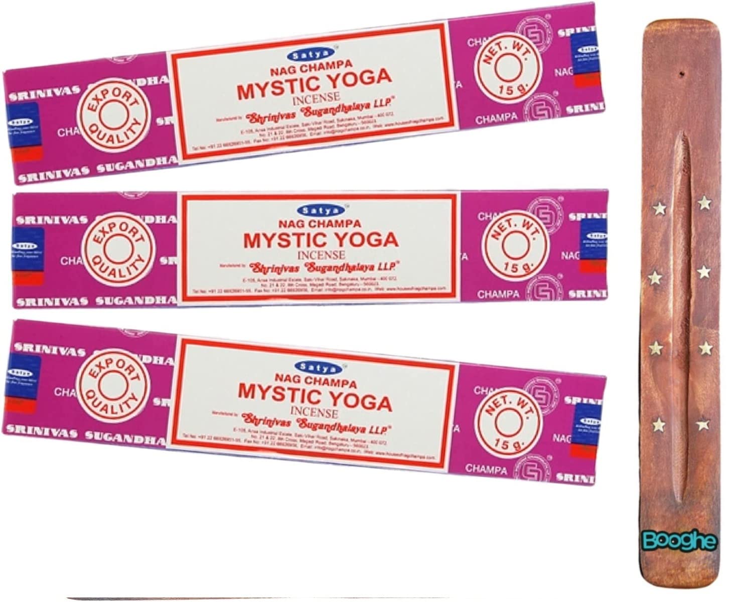 Satya Nag Champa Incense Sticks | x3 pack | with Booghe incense sticks holder (Mystic Yoga)