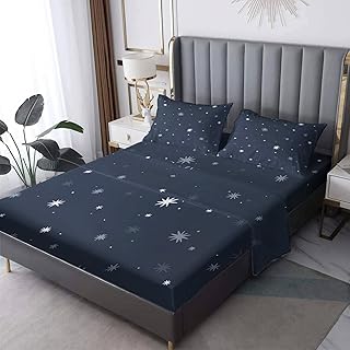 NIYAKA Queen Sheet Set Deep Pocket - Starry Sky Bedding Set 4 Piece - Blue Print Bed Sheets, Brushed Microfiber, Includes Flat Sheet, Fitted Sheet, and 2 Pillowcases