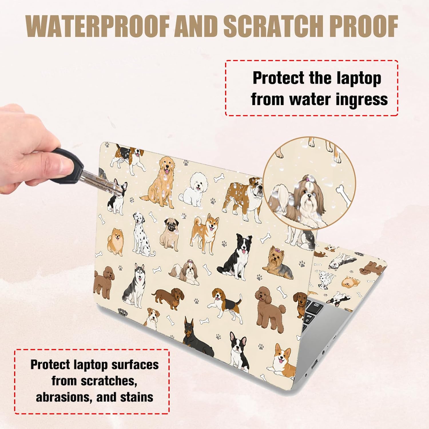 PLIGREAT 15.6 Inches Laptop Decal Sticker Skin Cover, Cute Puppy Pattern Removable Laptop Sticker Decals Fits 12" to 15" Laptops Universal Waterproof, Brown Beige image 3