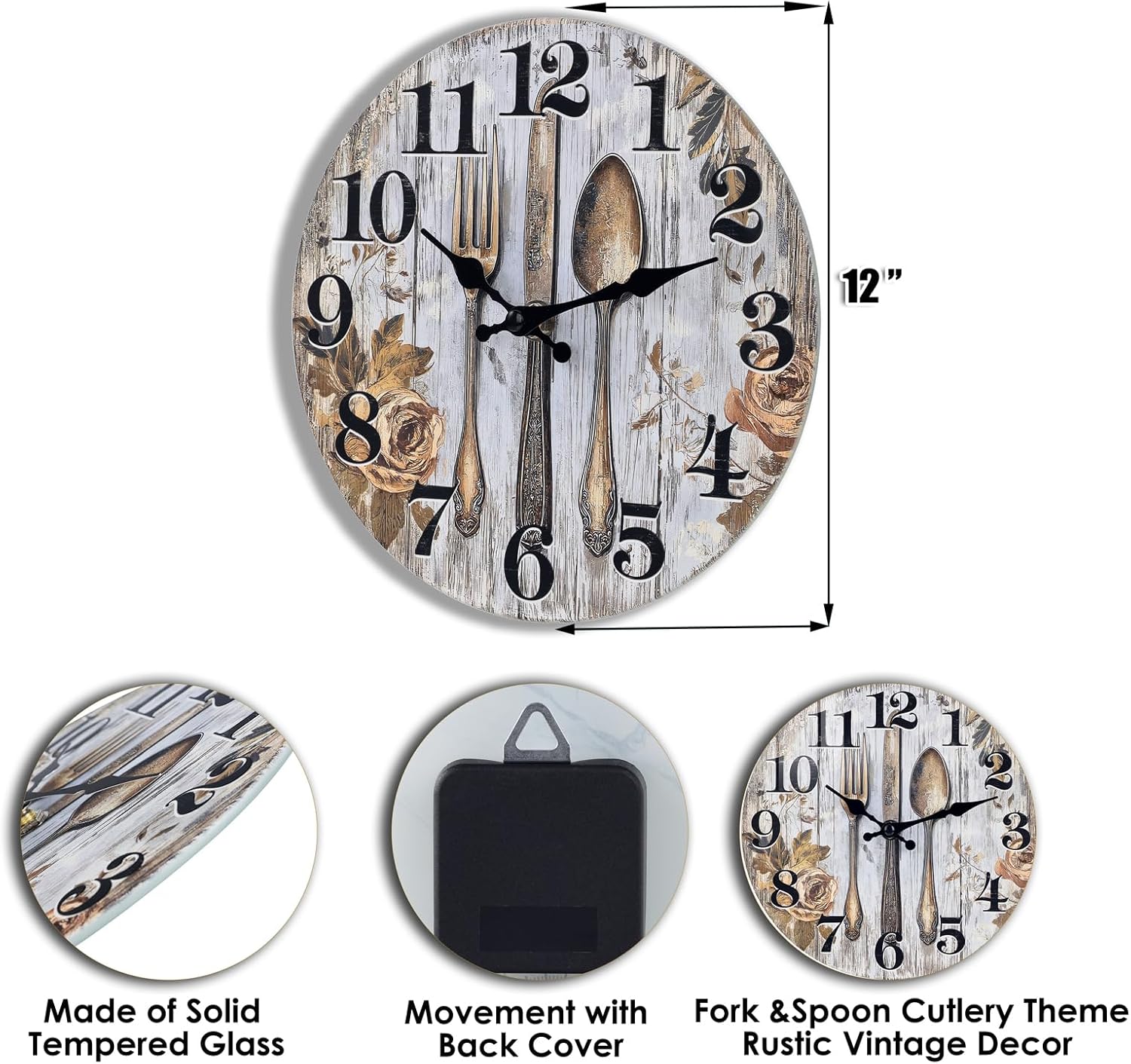 Keepcross Kitchen Wall Clock Fork & Spoon Cutlery Theme Rustic Modern Glass Clock for Kitchen Dining Room Farmhouse Decor - 12 Inch, Housewarming Gifts