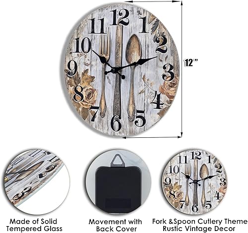 Miniatura 3 de Keepcross Reloj de pared para cocina, funciona con pilas, estilo rústico, retro, decorativo, cristal, para cocina, comedor, 12 pulgadas, tenedor y
