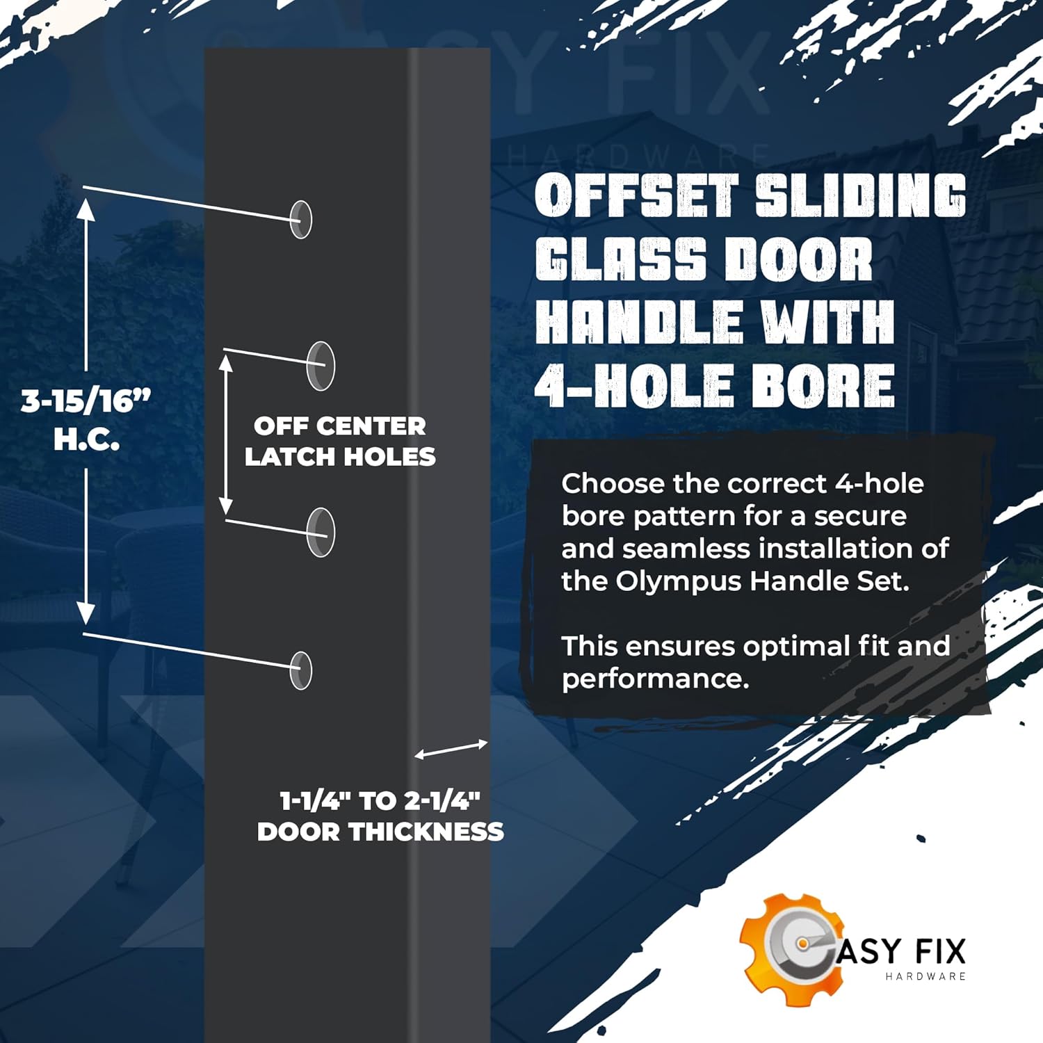 10" Olympus Sliding Patio Glass Offset Black Pull Handle Set Replacement - Non-Keyed Handle fits 3 ¹⁵/₁₆ inches Hole Spacing, and 1-1/4" to 2-1/4" Door Thickness - Fix and Repair Door Hardware